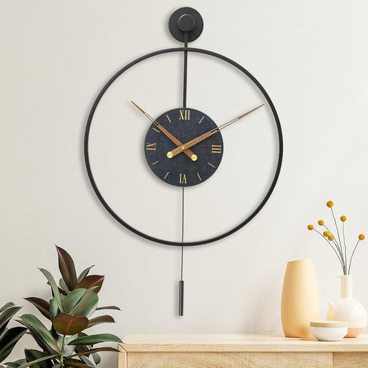 Large Modern Wall Clock,Wall Clocks for Living Room Decor,Classical Metal Minimalist Roman Numeral Dial,Big Decorative Farmhouse Pendulum Wall Clock With Walnut Pointers for Office,Dining Room