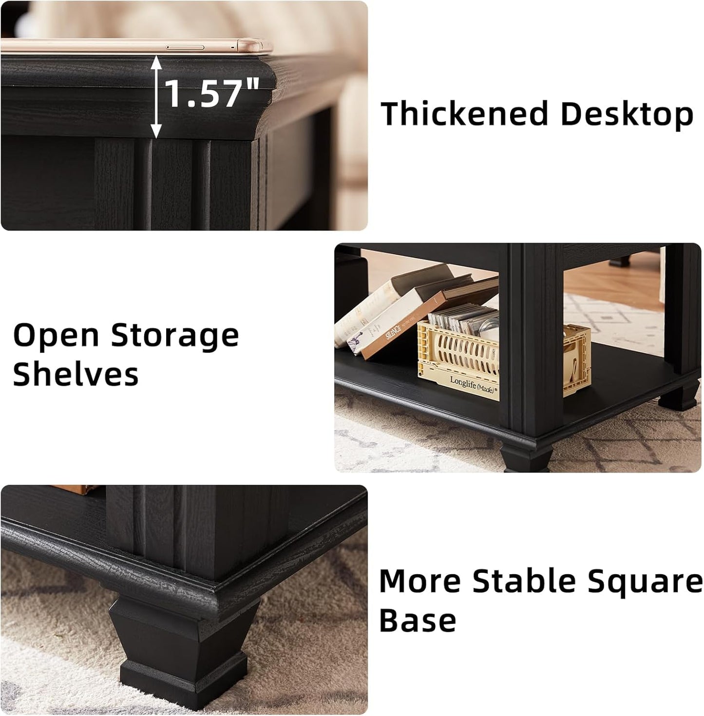 Farmhouse Coffee Tables for Living Room,Square Tea Table with Open Storage Shelf,Large Coffee Table,Rustic Wooden Center Table,Black