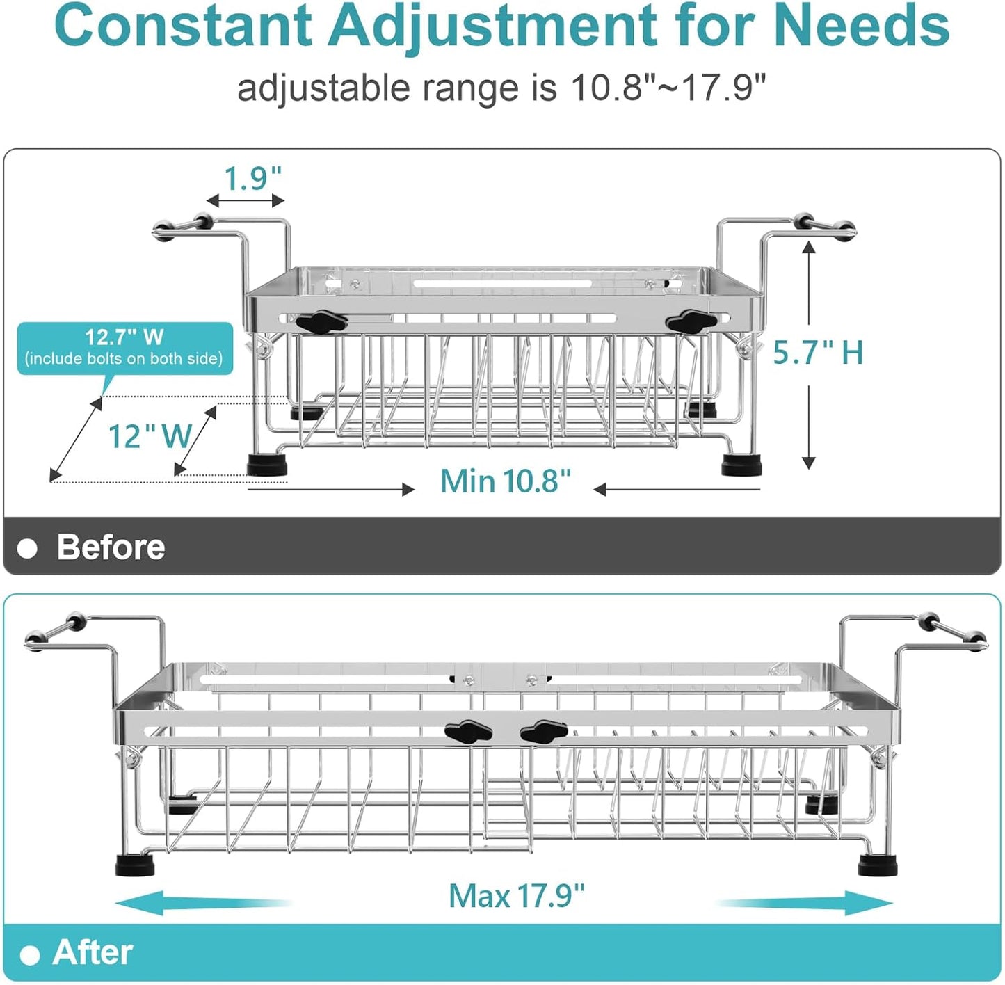 GSlife Expandable Dish Drying Rack - Stainless Steel Capacity Adjustable Over The Sink Rack (10.8''-17.9'') with Sink Mat, Dish Drainer for Kitchen Sink Counter with Utensil Holder, Silver