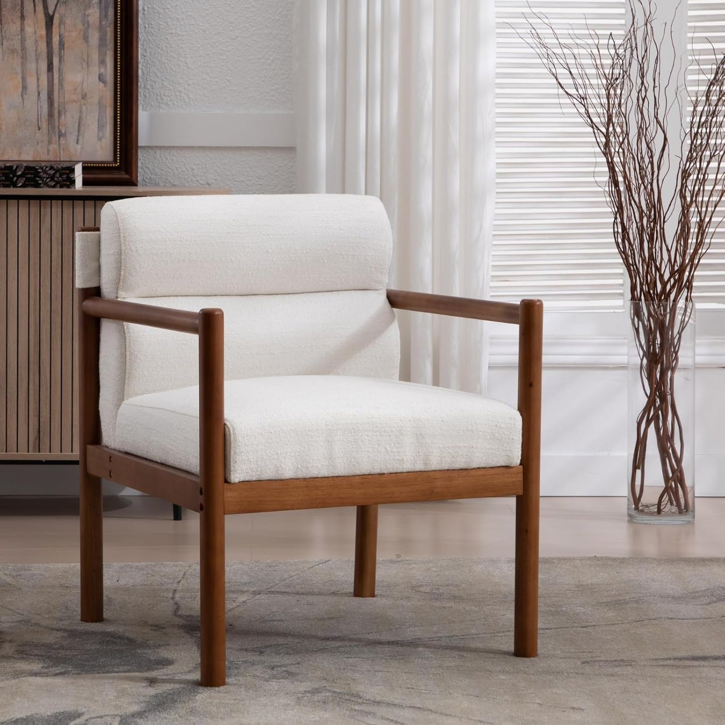 Modern Living Room Chair, White Upholstered Accent Chair with Channel Tufted Back, Brown Wood Lounge Reading Arm Chair, Linen Fabric Side Sitting Vanity Chair for Guest Room, Bedroom, Balcony