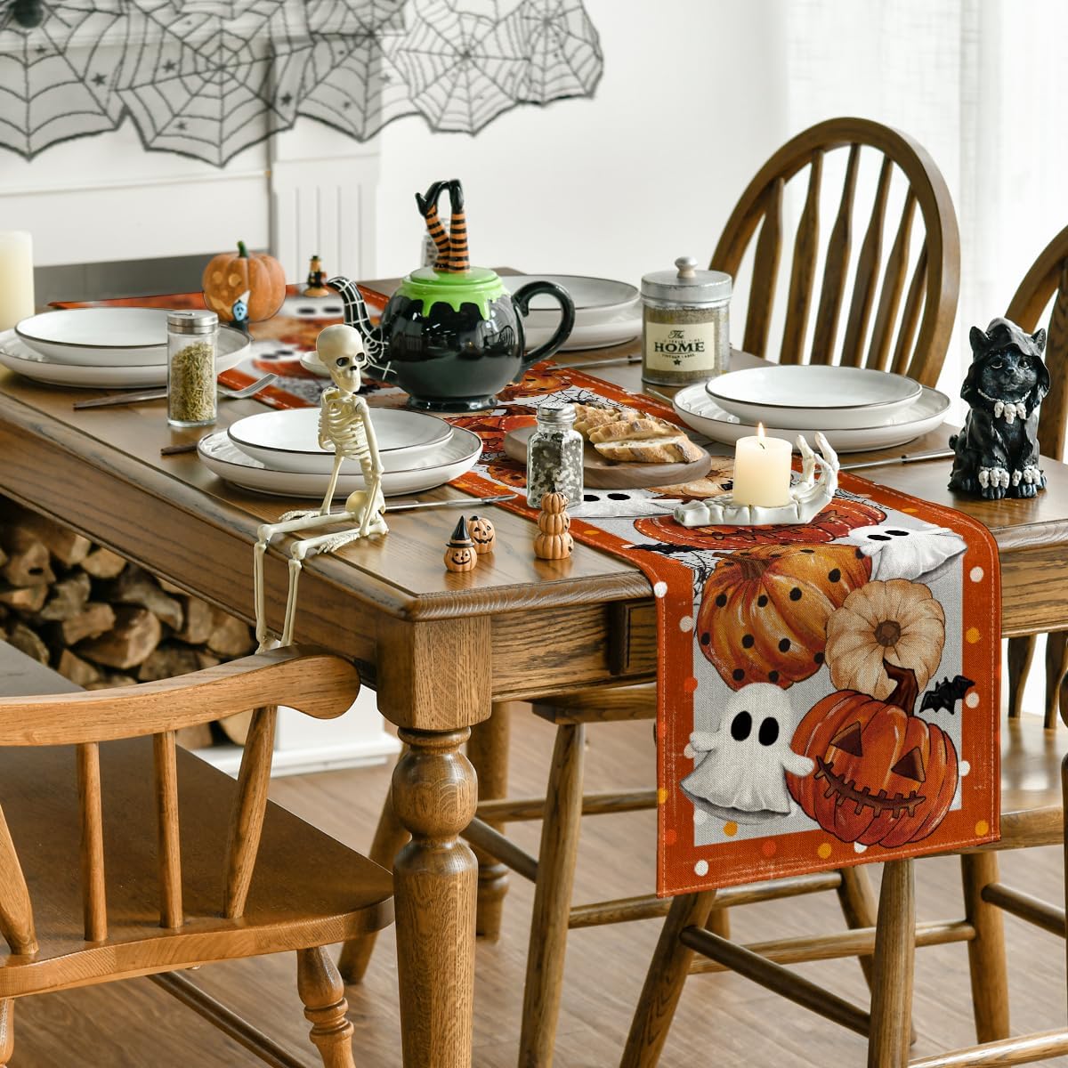 Artoid Mode Orange Jack-O'-Lantern Pumpkin Ghost Halloween Table Runner, Holiday Kitchen Dining Table Decoration for Home Party Decor 13 x 72 Inch
