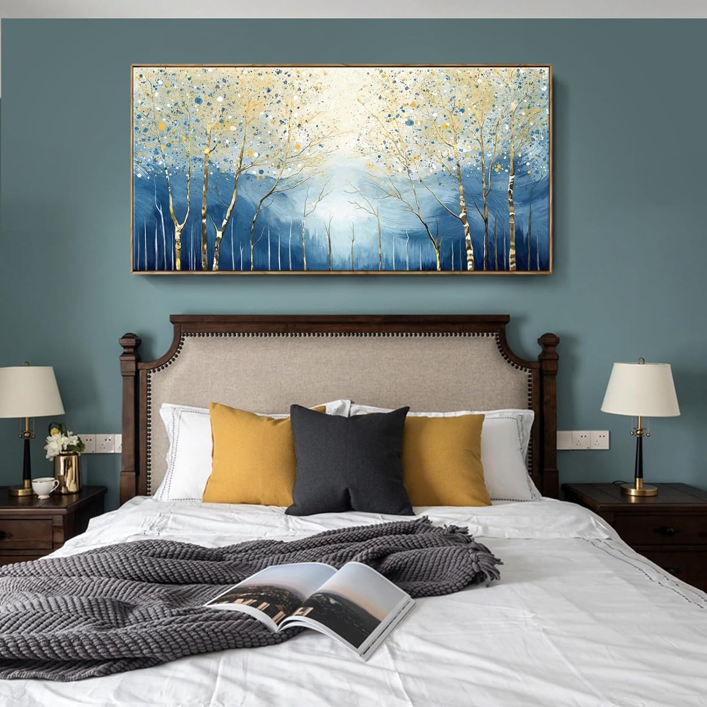 amatop Extra Large Framed Wall Picture for Living Room Abstract Forest Canvas Art Print Modern Landscape Tree of Life Picture Oversized Birch Artwork Bedroom Home Office Decor Blue Orange 58x29 Inch