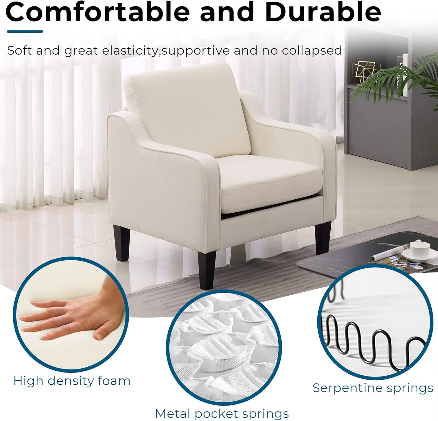 VINGLI Mid Century Modern Accent Chair, Beige Fabric Accent Chairs for Living Room Upholstered Armchair Sofa with Scooped Arms for Bedroom, Apartment, Studio, Office, Waiting Room