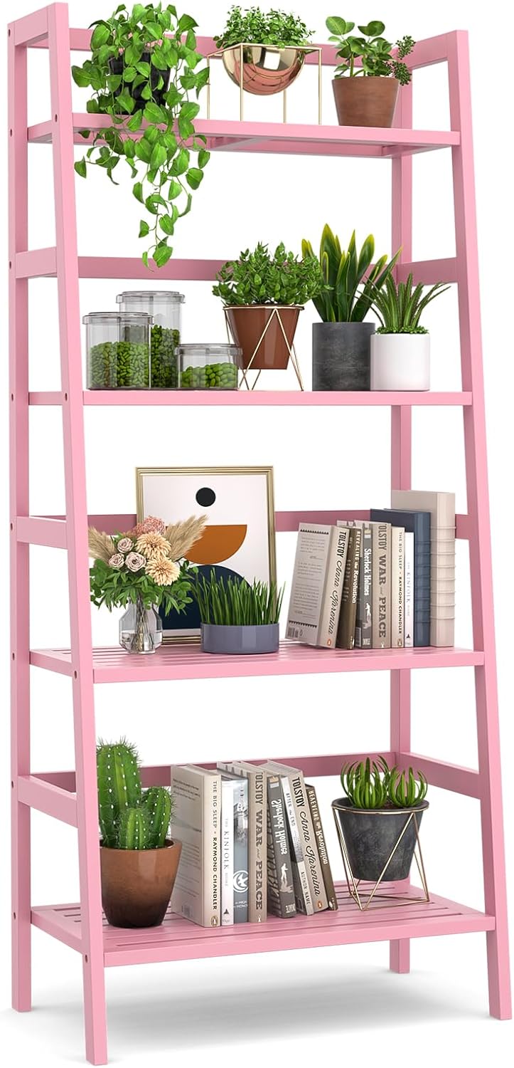 Homykic Bamboo Ladder Bookshelf, 4-Tier Ladder Shelf Open Book Shelf Freestanding Bookcase Bathroom Storage Rack Plant Stand for Living Room, Bedroom, Office, Easy Assembly, Pink