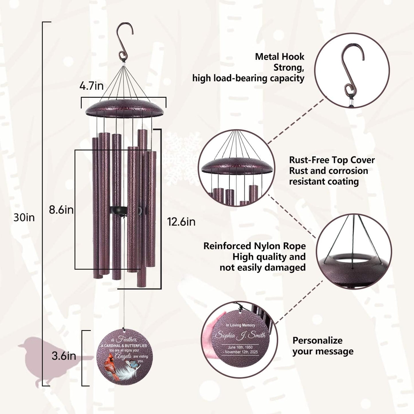 ASTARIN Custom Cardinal Wind Chimes for Loss of Lover Mom Dad, Butterfly Wind Chime Memorial Sympathy Gifts for Remembrance, Windchimes in Memory of a Loved One