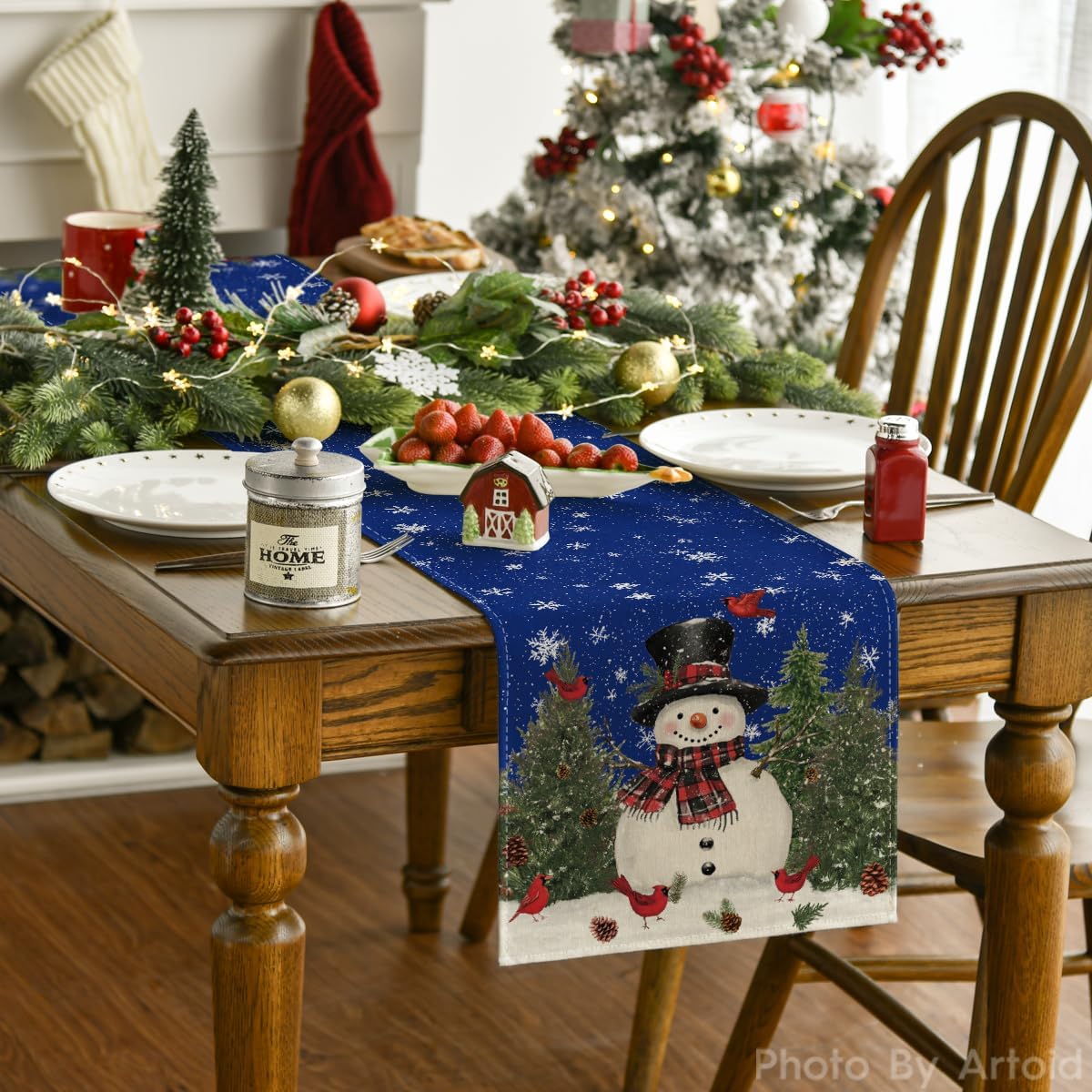 Artoid Mode Snowman Birds Trees Christmas Table Runner, Seasonal Blue Winter Holiday Kitchen Dining Table Decoration for Home Party Decor 13 x 60 Inch