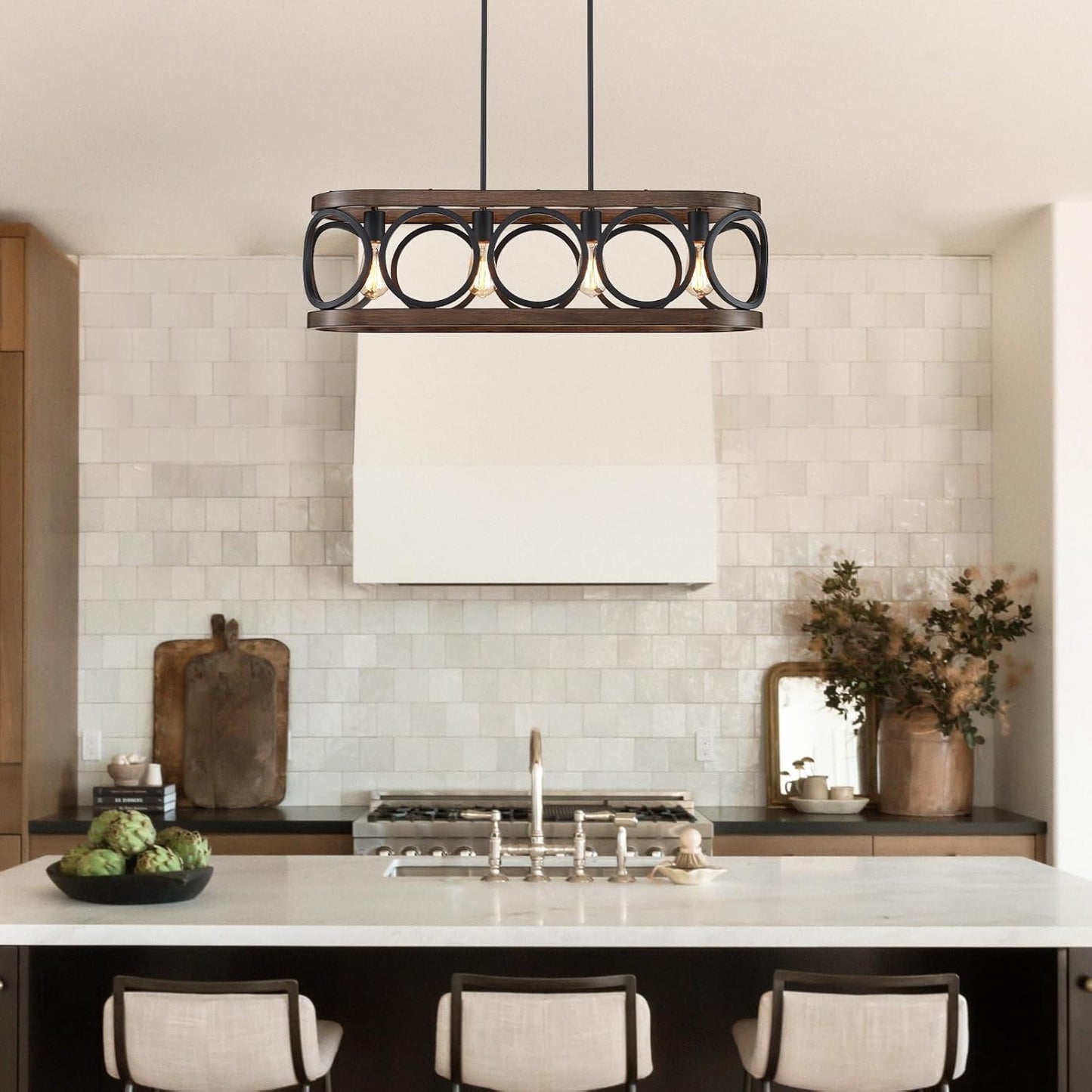 XINGQI Rectangular Linear Kitchen Island Chandeliers Over Table 32.7" Black Pendant Lighting Fixtures Farmhouse 4-Light for Dining Room Bar Office Coffee Shop, Black Wood Grain