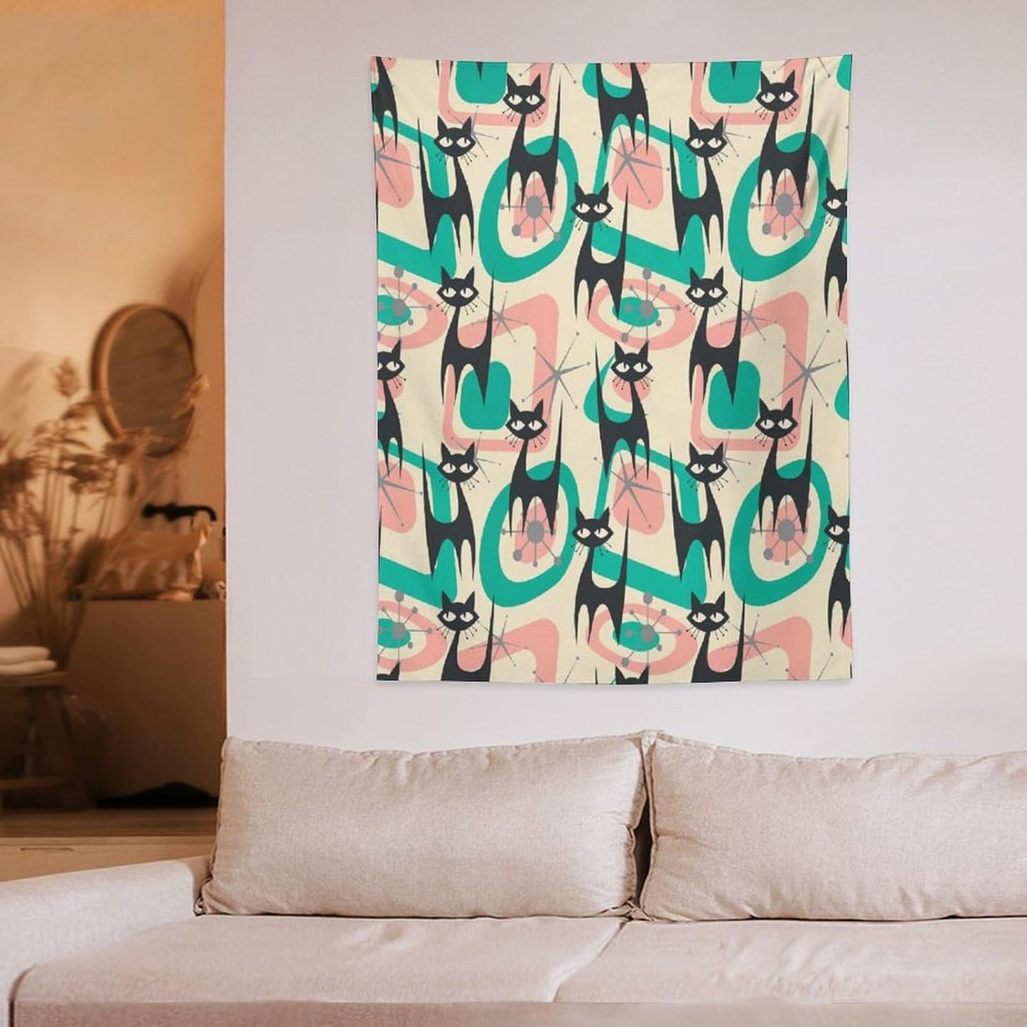 ICMOLYYENLO Boho Medieval Cat Tapestry, Abstract Atomic Starburst Geometric Aesthetic Art Wall Hanging For Bedroom Living Room Dormitory 30x40 Inches