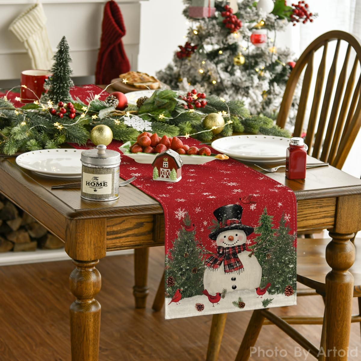 Artoid Mode Snowman Christmas Birds Trees Table Runner, Seasonal Winter Xmas Holiday Kitchen Dining Table Decoration for Indoor Outdoor Home Party Decor 13 x 108 Inch