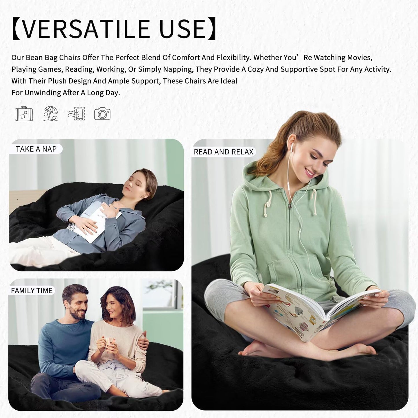 Bean Bag Chair for Adults 4FT,Soft Removable Cover for Teens/Girls Bedroom,Fluffy Giant Round Floor Beanbag Lounger Chairs (No Filler,Black)