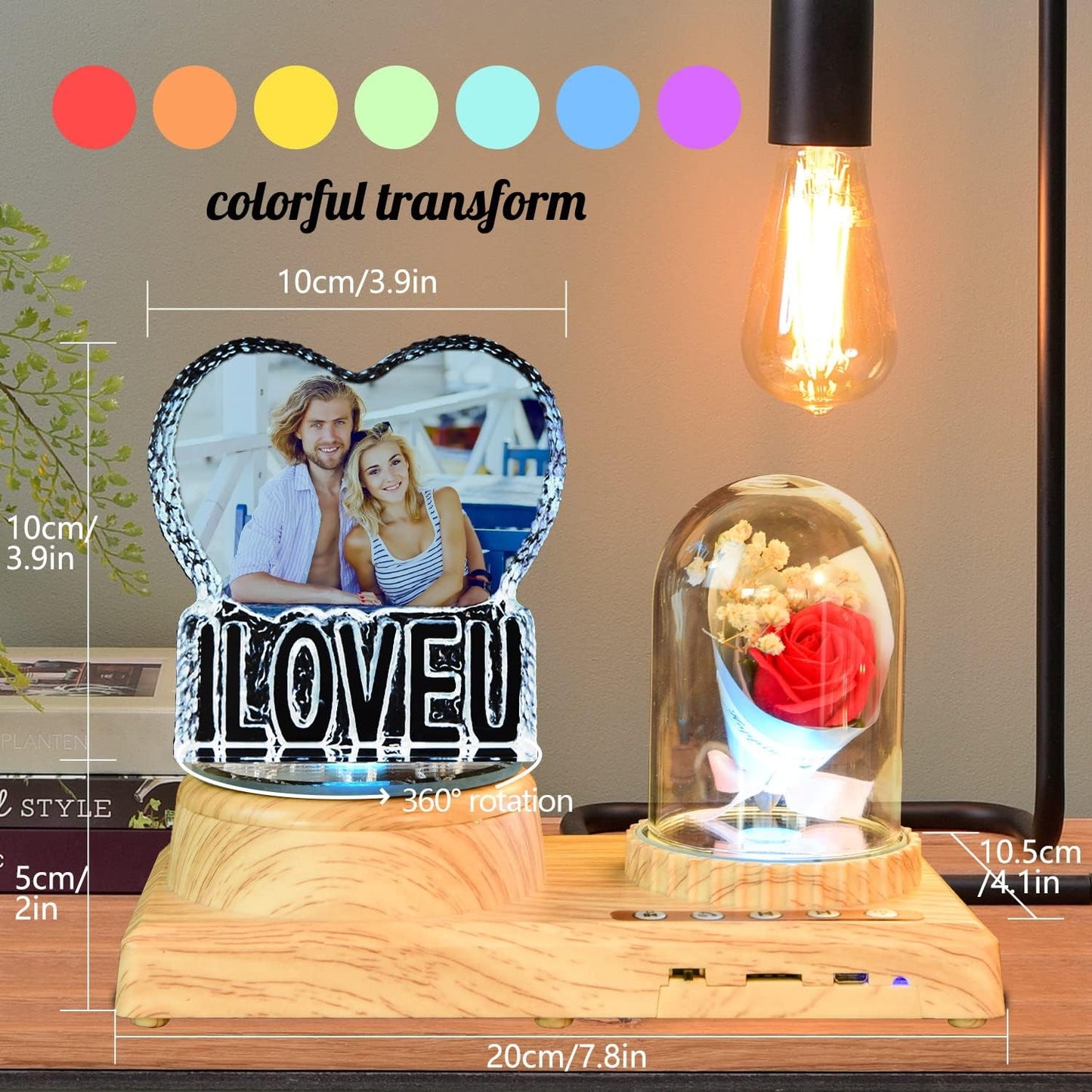 I Love U Photo Custom Night Light Rose Flower Bouquet Personalized 3D Crystal Lamp 7 Color Light Bluetooth Rotation Crystal Photo Frame Best Gift for Couple Love Women Men Wedding Christmas