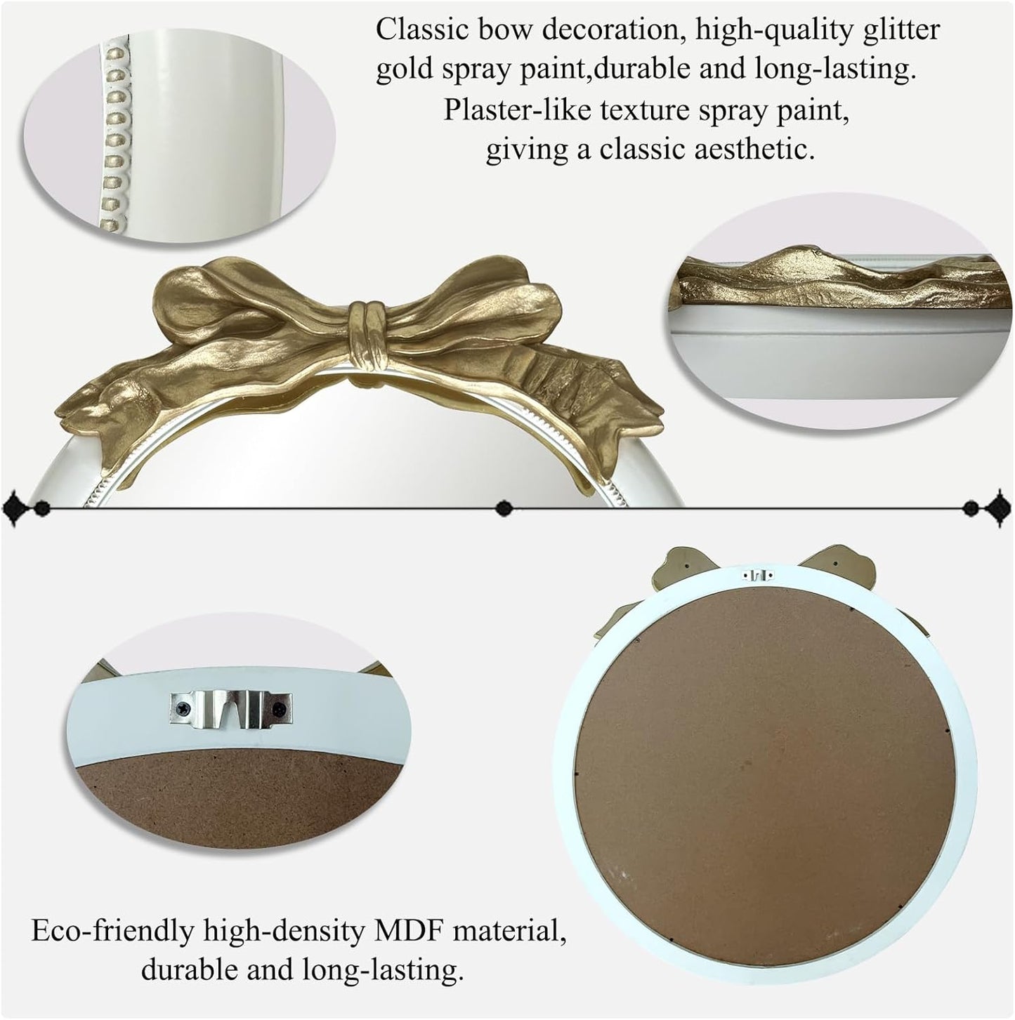 26x26 inch Bow Antique Mirrors for Wall, Round White and Gold Decorative Wall Mounted Mirror, Circle Antique Mirrors Suitable for Bedroom, Hallway, Living Room Decoration, Bathroom Sink