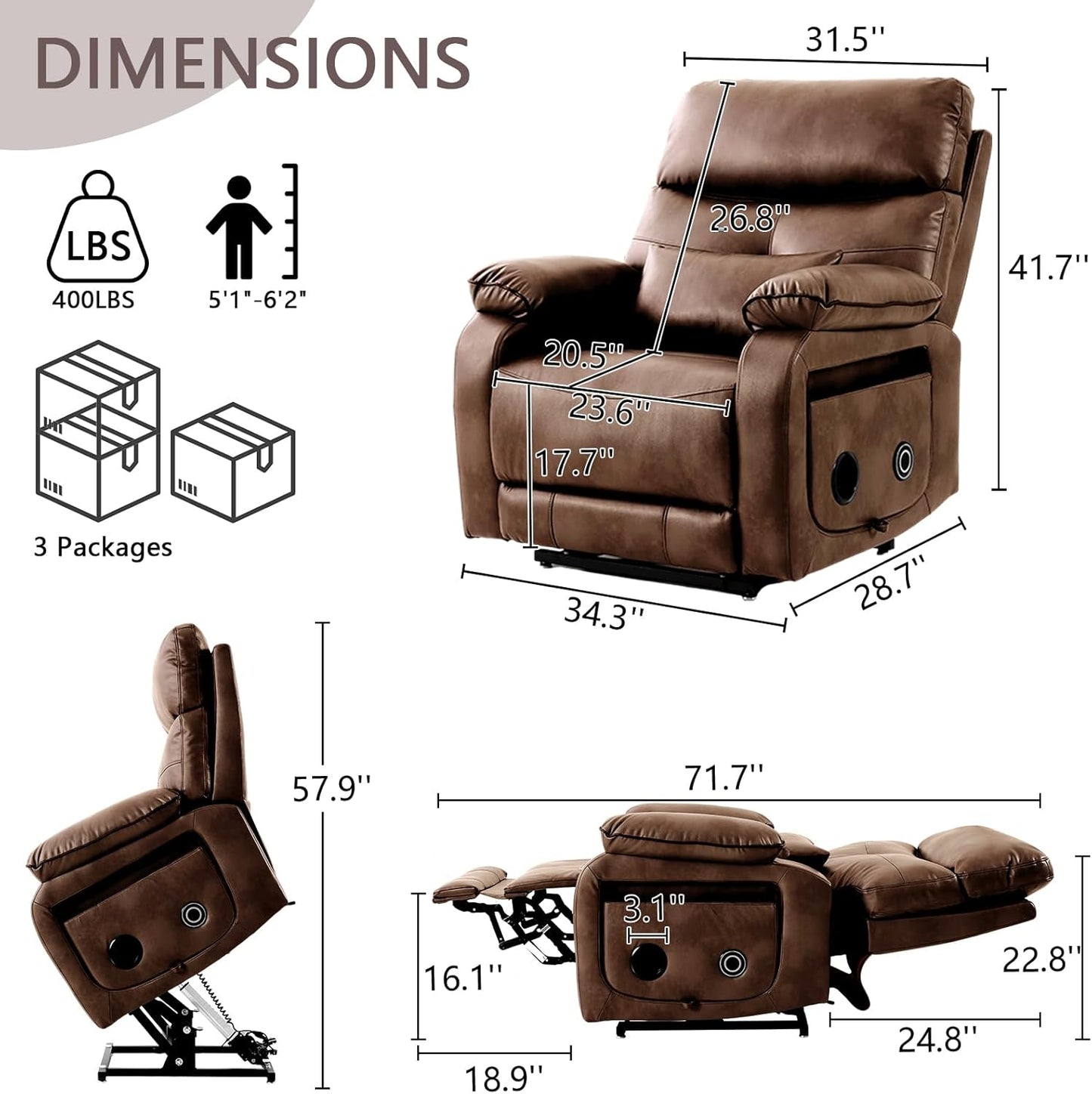 Dual Motor Power Lift Recliner Chair for Adult & Elderly, Infinite Position Lay Flat Lift Chair with Heat & Massage, Cup Holder, Lumbar Pillow, Wireless Charger, USB Ports, Leather (Ochre)