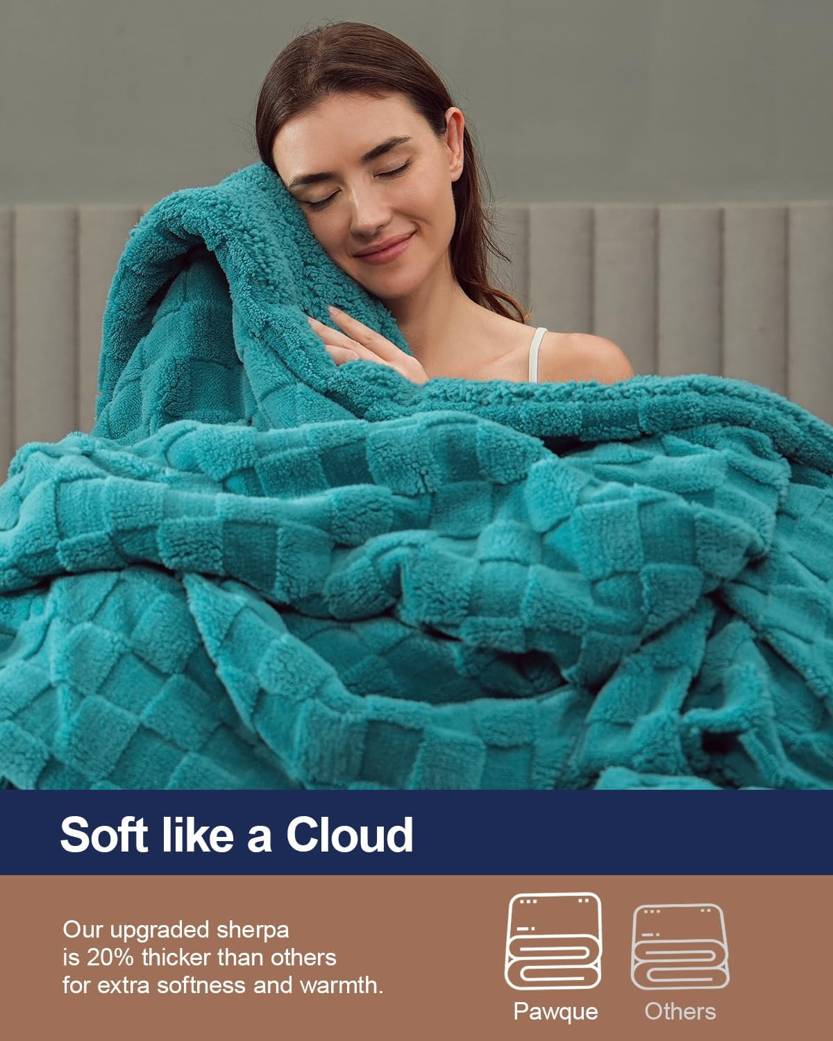 Pawque Super Soft Cozy Throw Blanket for Couch Bed - Fluffy Sherpa Fleece Reversible Thick Warm Fuzzy Blanket for All-Season, 3D Checkered Jacquard Elegant Decorative Blankets, Teal Green, 50" x 60"