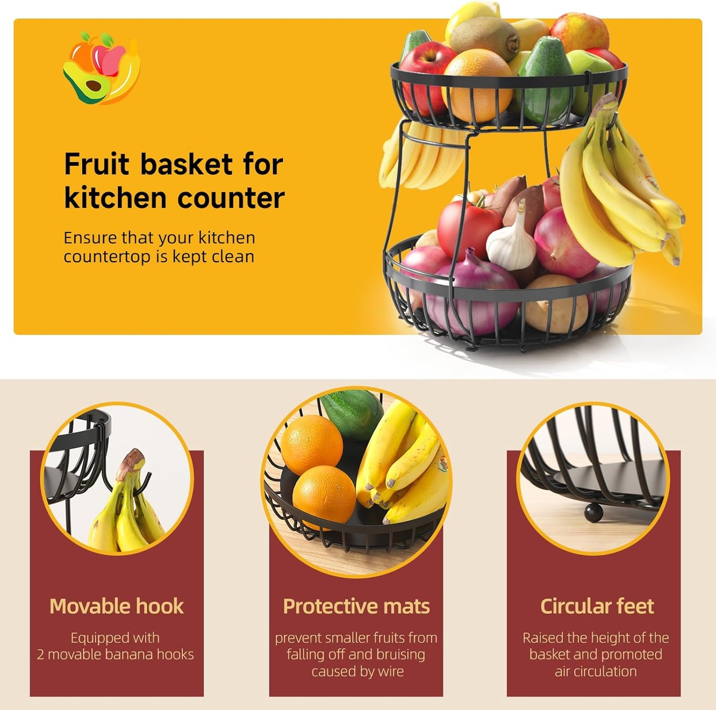 2 Tier Fruit Basket for Kitchen Counter with 2 Banana Hangers, 2025 Pro Detachable Metal Fruit Bowl with Wooden Handle,Fruit Holder for Bread Snack Veggies, Black Extra Large