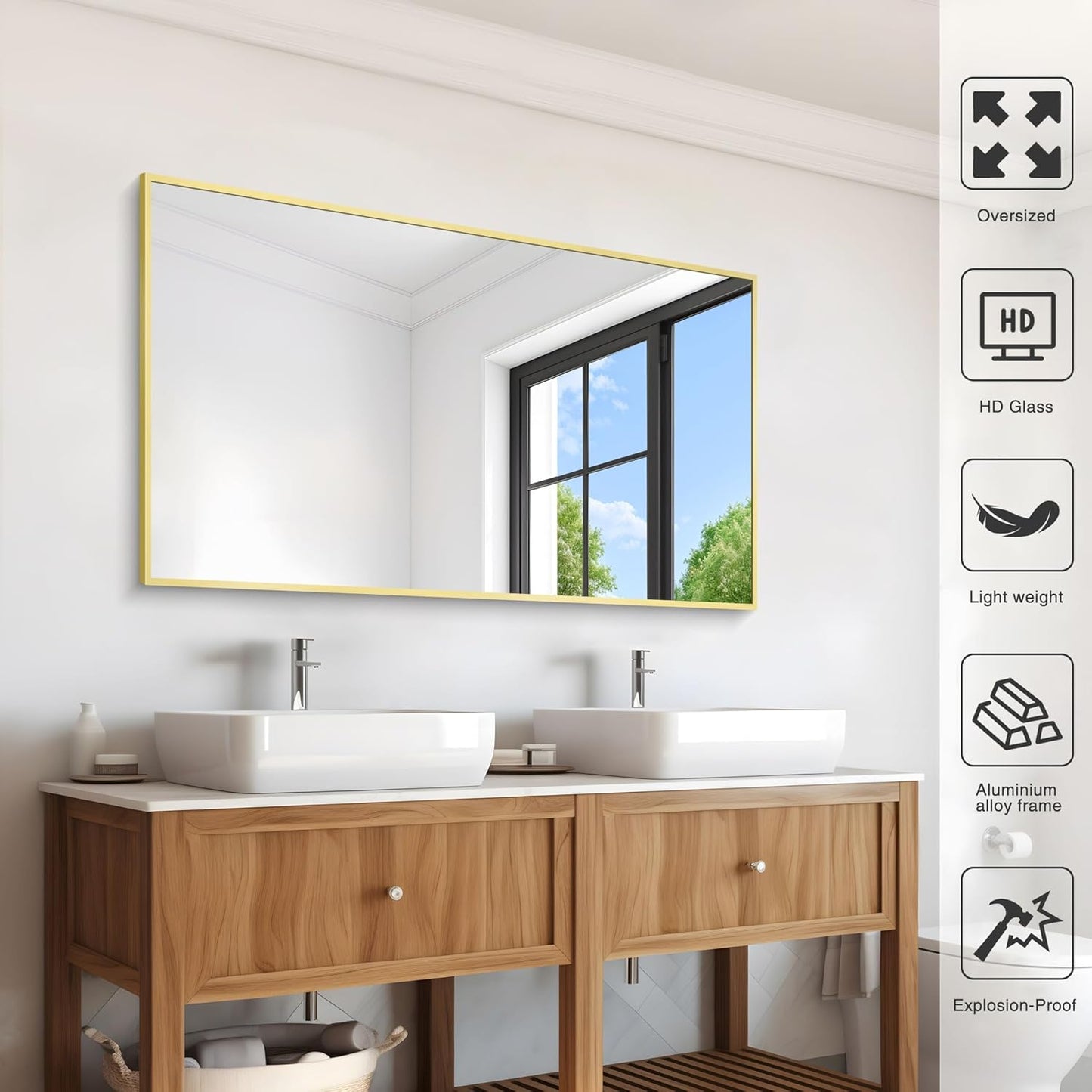 36x55inch Bathroom Mirror, Gold Rectangle Mirror with Thin Metal Frame, Large Rectangular Wall Mirror for Bathroom, Living Room, Hair Salon, Big Farmhouse Mirror Hang Horizontal/Vertical