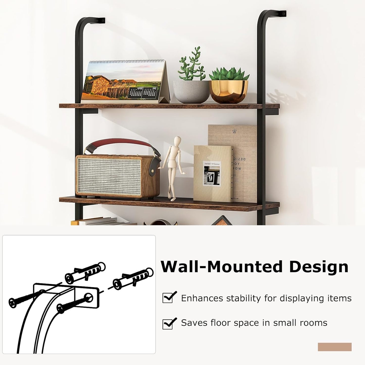 Giantex 4-Tier Industrial Bookshelf Set of 2, Wall Mounted Pipe Shelving Unit, Floating Shelves with Metal Frame, Hanging Wall Display Shelf, Wood Ladder Bookshelf for Living Room,Kitchen,Rustic Brown