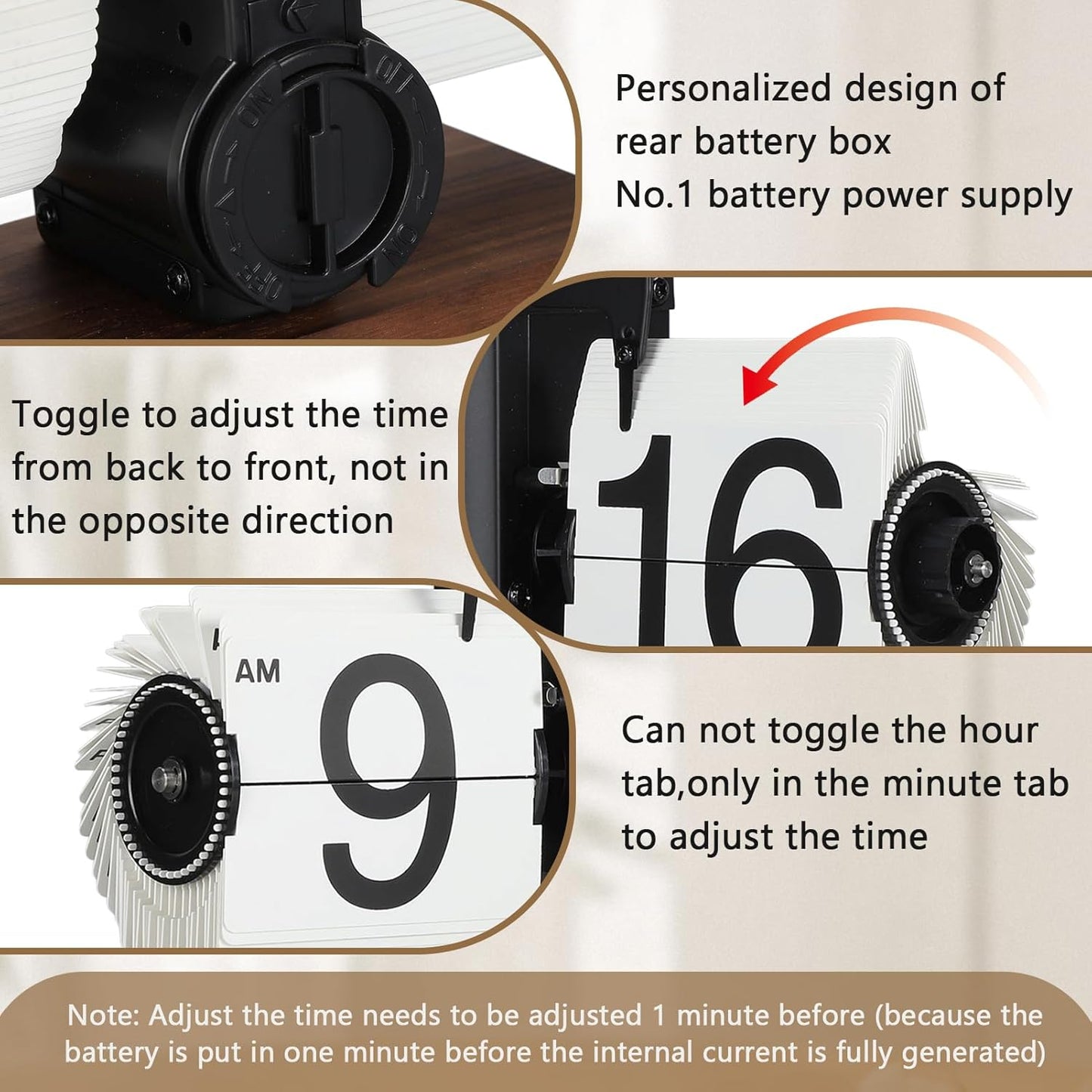 Flip Desk Clock, Retro Vintage Flip Desk Table Clock, Digital Sided Large Numbers Mechanical Flip Clock Wood Base for Living Room, Study Room and Office（Black）