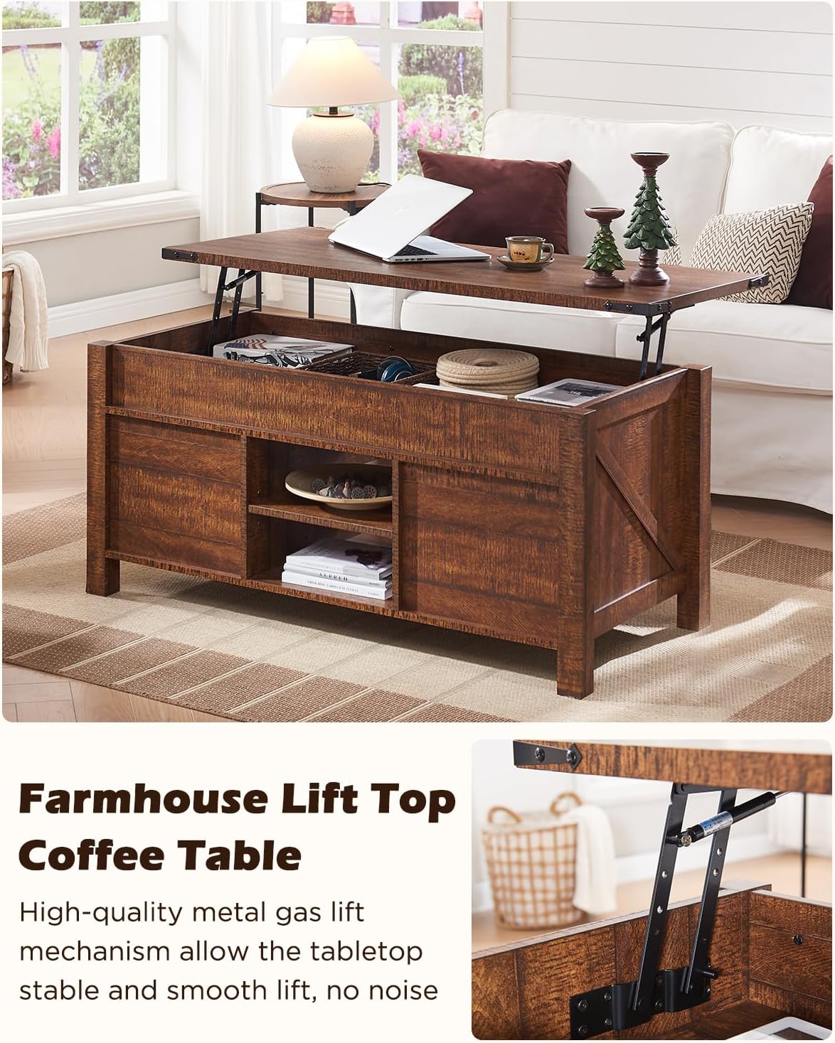 OKD 48" Farmhouse Lift Top Coffee Table with Sliding Barn Door,Rustic Center Table with Hidden Storage Compartment,Lifting Tabletop and Adjustable Shelf for Living Room,Office,Reclaimed Barnwood