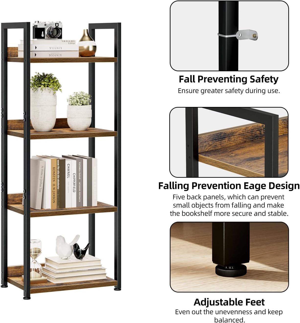 NUMENN Narrow Bookshelf, 4 Tier Bookshelves, Home Office Bookcase Shelf Storage Organizer, Free Standing Storage Shelving Unit for Bedroom, Living Room and Home Office, Vintage