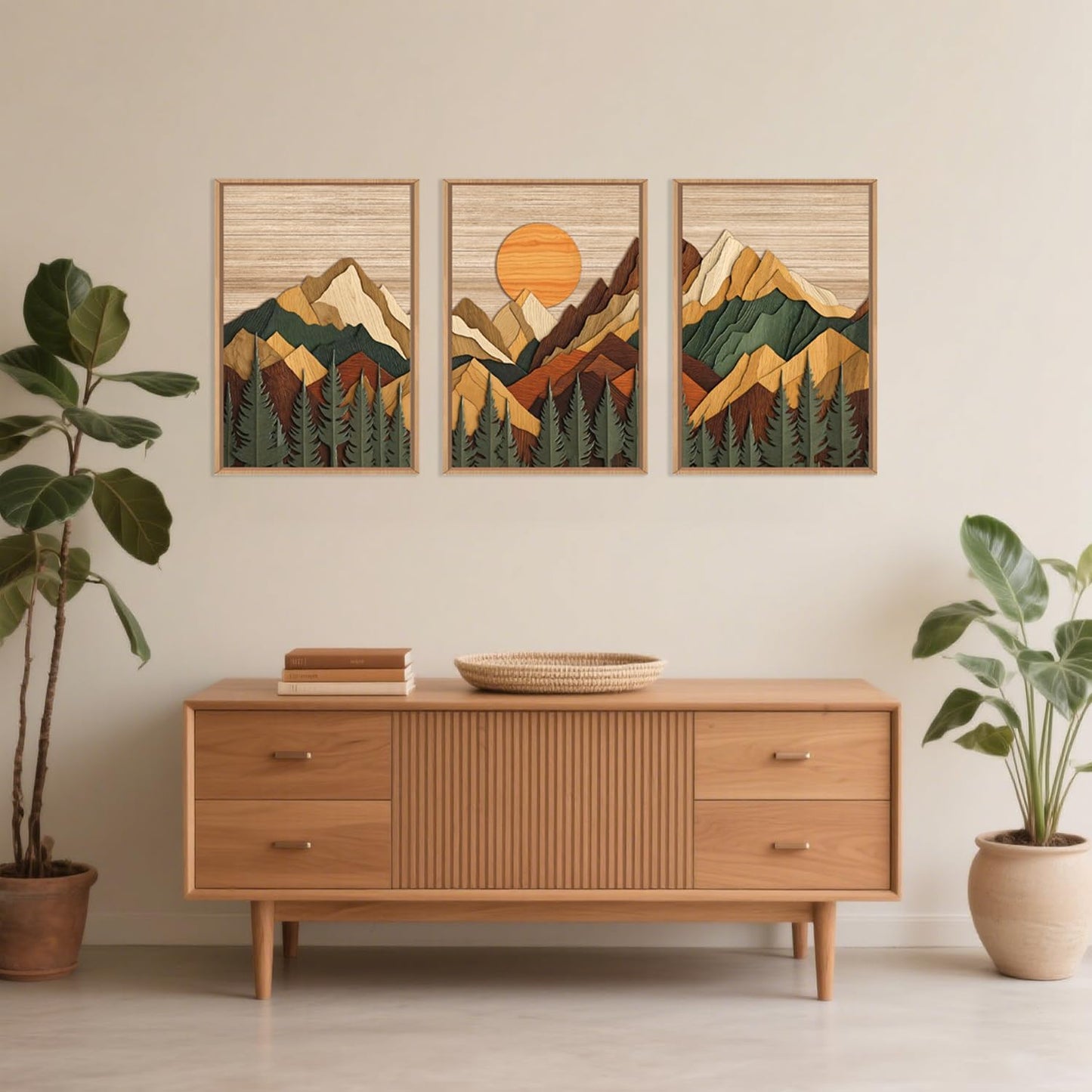 Celestdeco Woodcut Style Mountain Framed Canvas Wall Art Set, Large Brown Ridge Wall Decor, Boho Pine Tree Wall Painting, Abstract Wooden Art Print for Living Room, Bedroom, Office - 24"X36"X3(Not-3D Effect)
