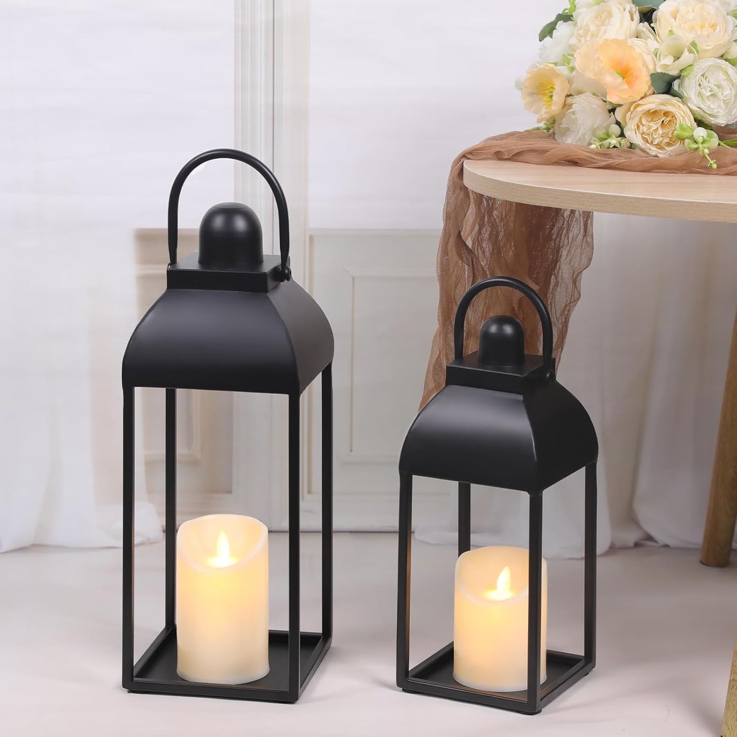 Lanterns Decorative Outdoor Indoor, Black Metal Outdoor Lanterns, 17'' 13'' Set of 2 Modern Farmhouse Candle Lantern Halloween Lanterns Centerpieces for Home, Wedding, Patio, Porch, Mantel