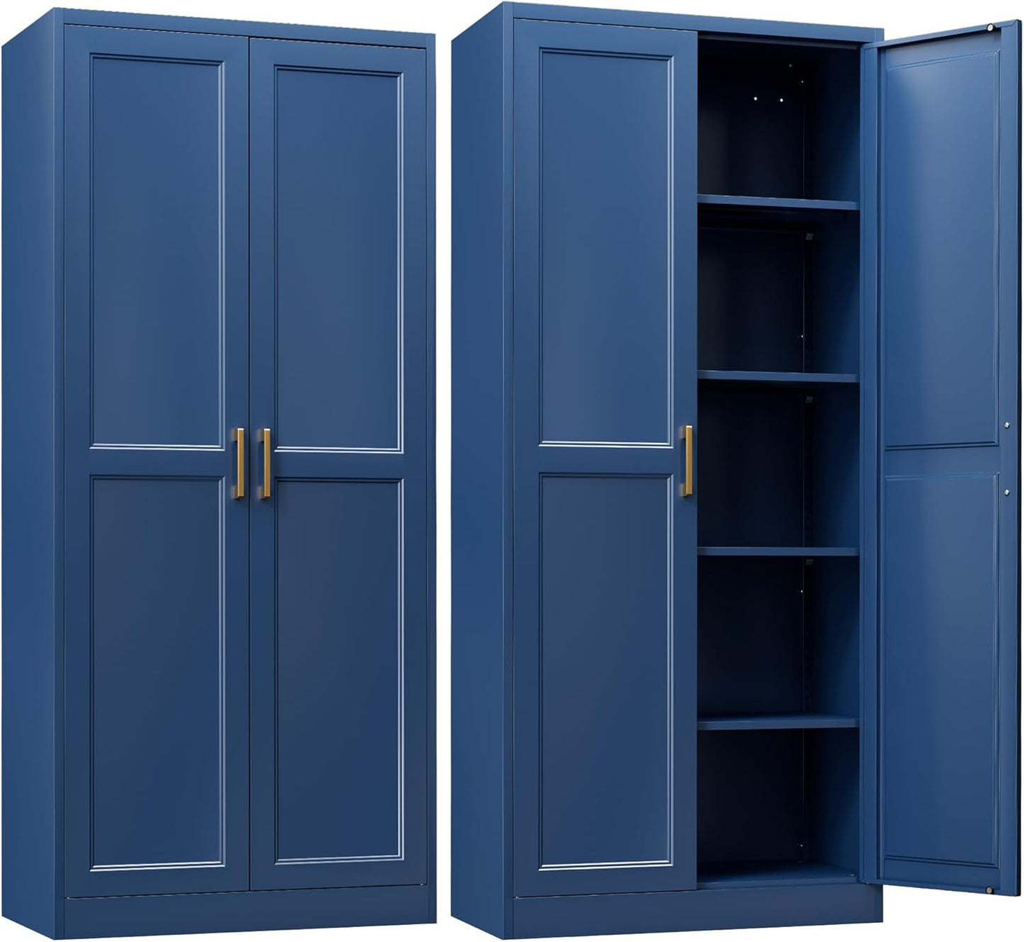 Kitchen Pantry Cabinet,71”Blue Metal Pantry Storage Cabinets with Doors and 4 Adjustable Shelves,Kitchen Cabinet with 2 Gold Handles,Tall Cabinet for Livingroom,
