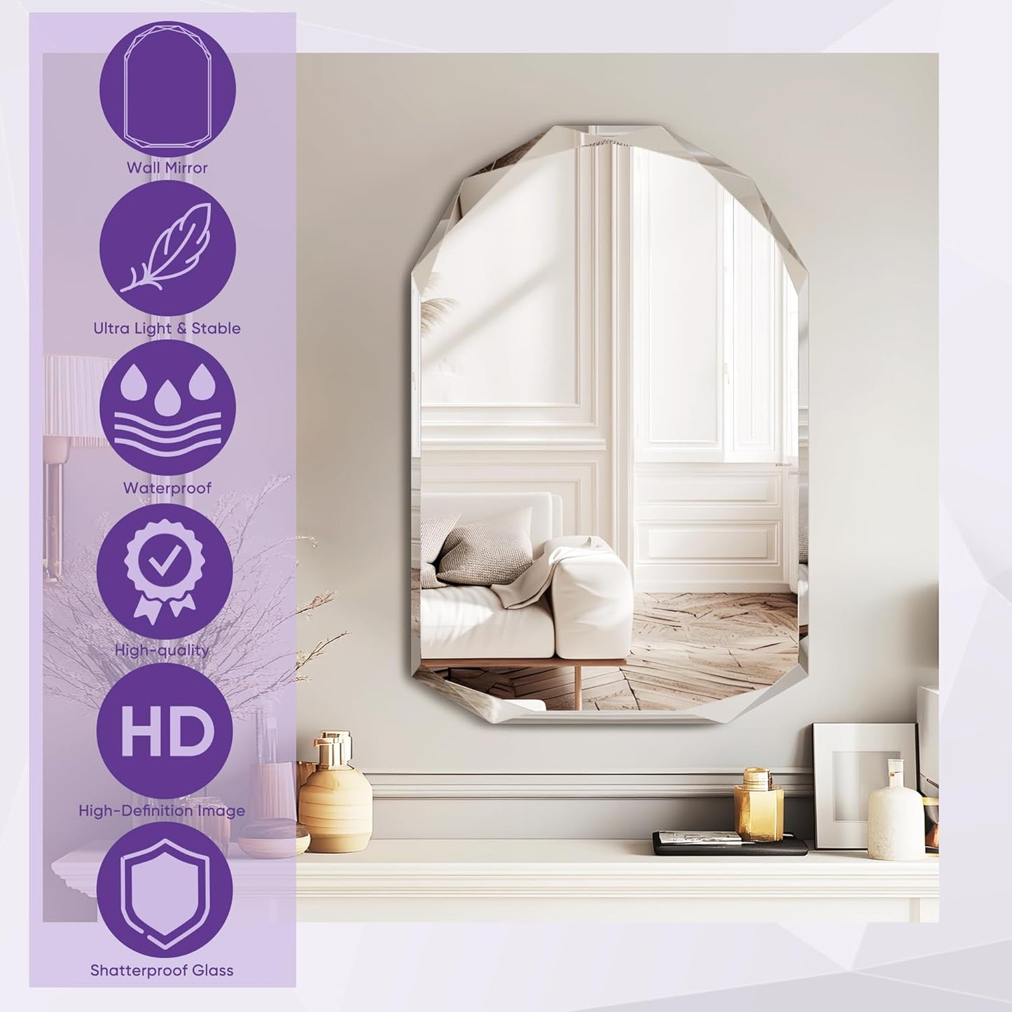 Bathroom Mirror for Wall, 26" x 38" Arched Mirror, Bathroom Vanity Mirror, Beveled Edge Frameless Wall Mount Vanity Mirrors, Wall Mirrors Decorative, Irregular Beveled Edge Mirror