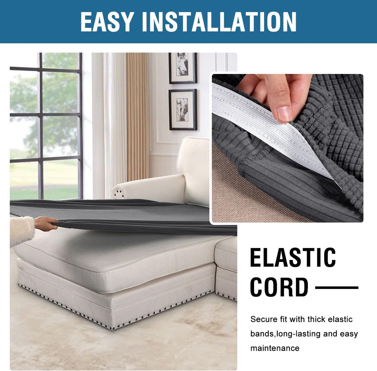 H.VERSAILTEX Super Stretch Individual Chaise Cover Sectional Couch Covers for L Shaped Sofa Both Left/Right Featuring Thick Jacquard Textured Twill Fabric (1 Piece Chaise Cover, Grey)