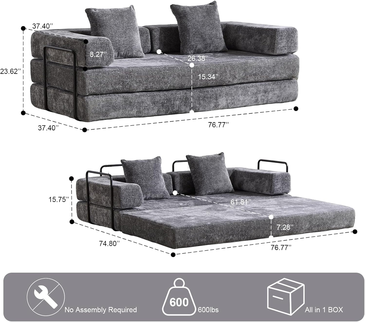 Convertible Sleeper Sofa Bed, Compression Folding Sofa with Pillow, No Assembly Required, Shape Frame, Floor Sofas Lounge Couch for Living Room, Bedroom, Small Spaces(Chenille, 77''W, Dark Grey)