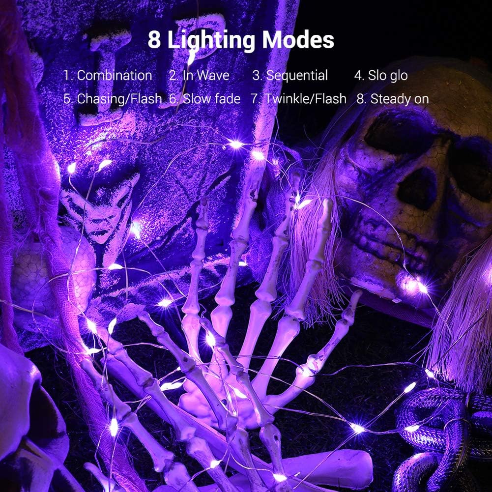 BrizLabs Purple Halloween Lights, 19.47ft 60 LED Battery Halloween Lights, 8 Modes Purple Fairy String Light with Remote, Waterproof Outdoor Twinkle Light for DIY Home Bedroom Holiday Party Decor