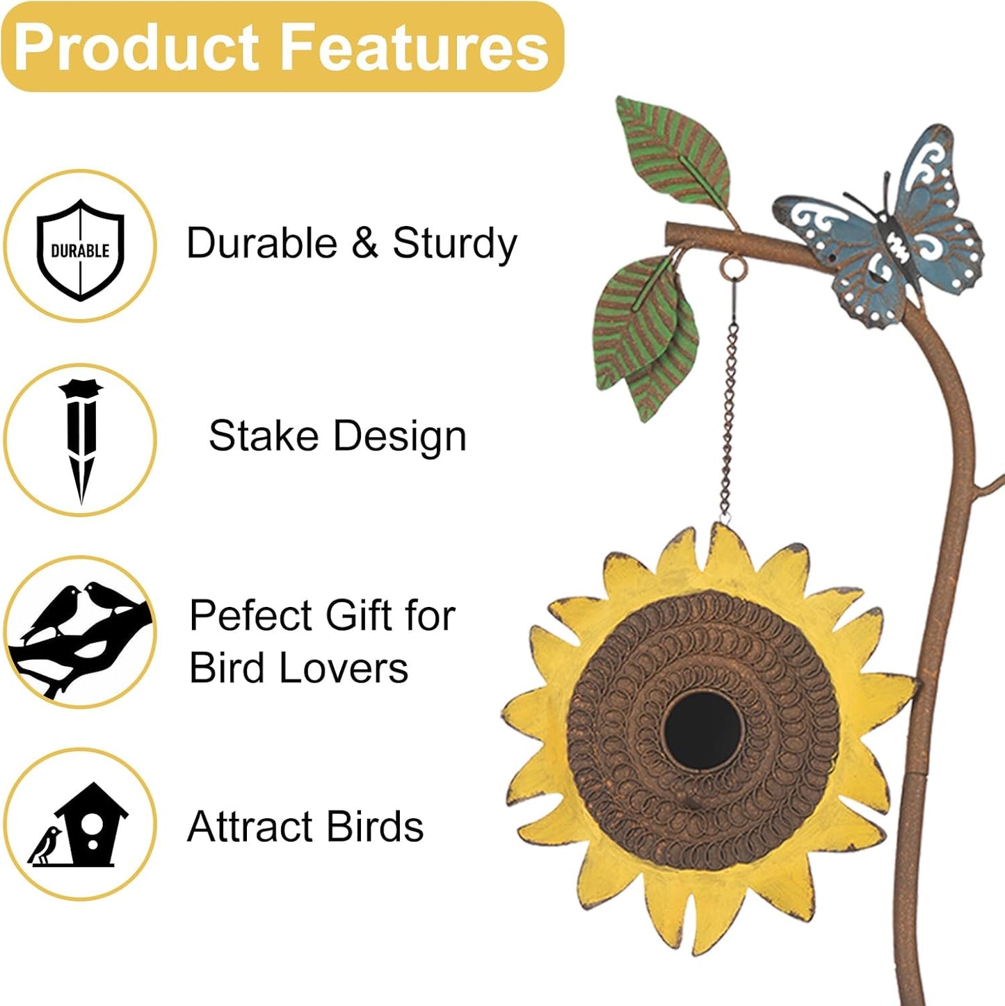 BAYN 57” Bird Houses Stake for Outside, Metal Wild Bird Feeder Birdhouse Stake Pole with Sunflower Design Outdoor Decorations for Patio, Backyard, Garden