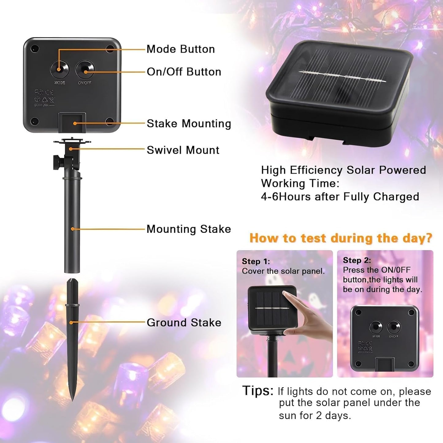 6-Pack Solar String Lights, 600 LED Extra-Long 236Ft Solar Halloween Lights Outdoor Waterproof, 8 Modes Led Halloween Light for Garden, Patio, Wedding(Purple & Orange)