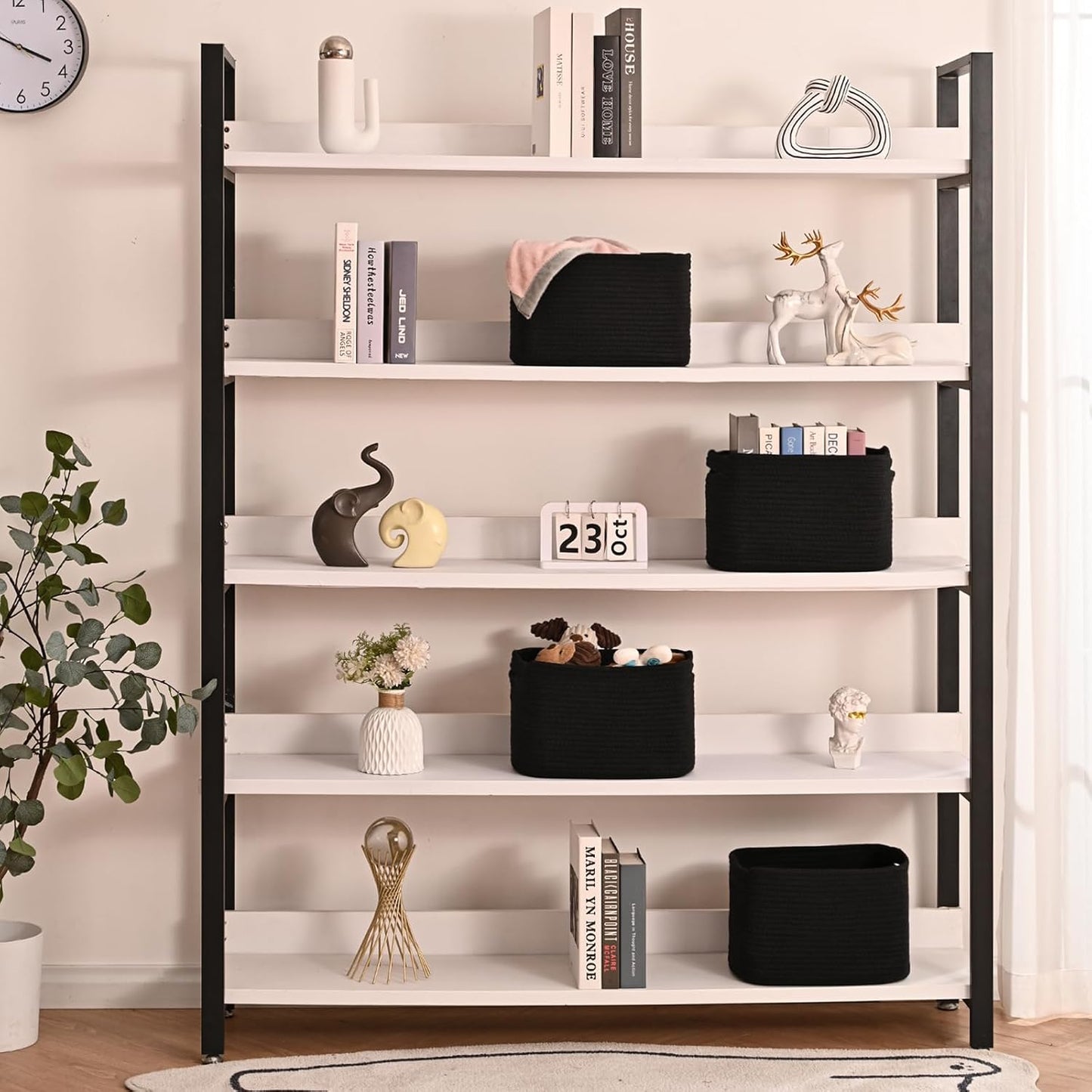 Black Storage Baskets for Shelves, Small Storage Baskets for Organizing, Woven Cotton Rope Baskets for Storage, Book Basket, Decorative Shelf Basket, 12.5"Lx9.1''Wx7.9''H (4 Packs) Black