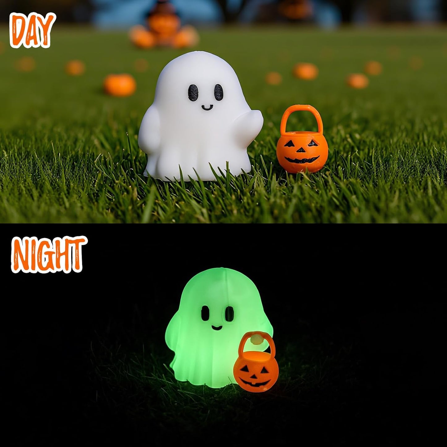Halloween Decor Fluorescence Ghost Figurines Carrying Pumpkins – Mini Cute Resin Spooky Table Statue Halloween Festive Decoration for Holiday Bookshelf Terrace Bedroom Indoor Home Tabletop Gifts