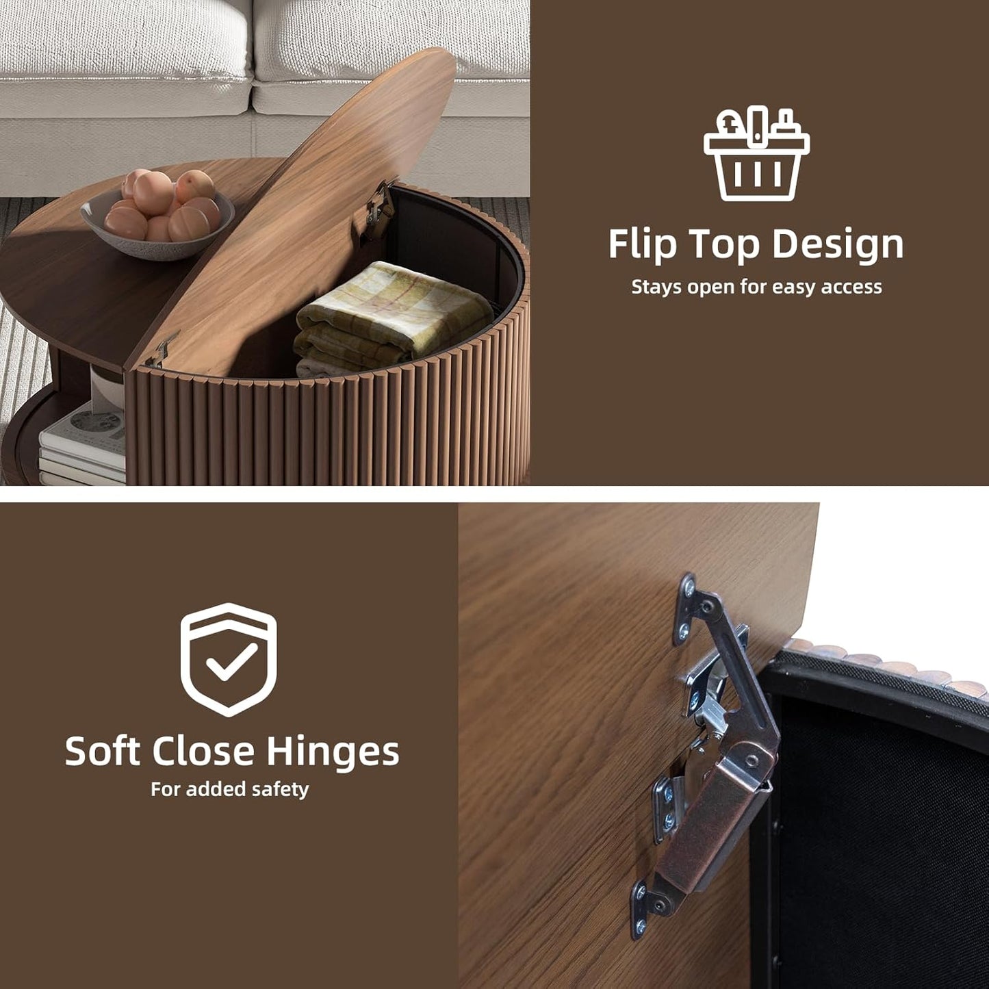 Round Coffee Table with Storage,Fluted Center Table with Sliding Cabinet Door for Living Room,Home Small Space,31.5" Small Center Table,Walnut