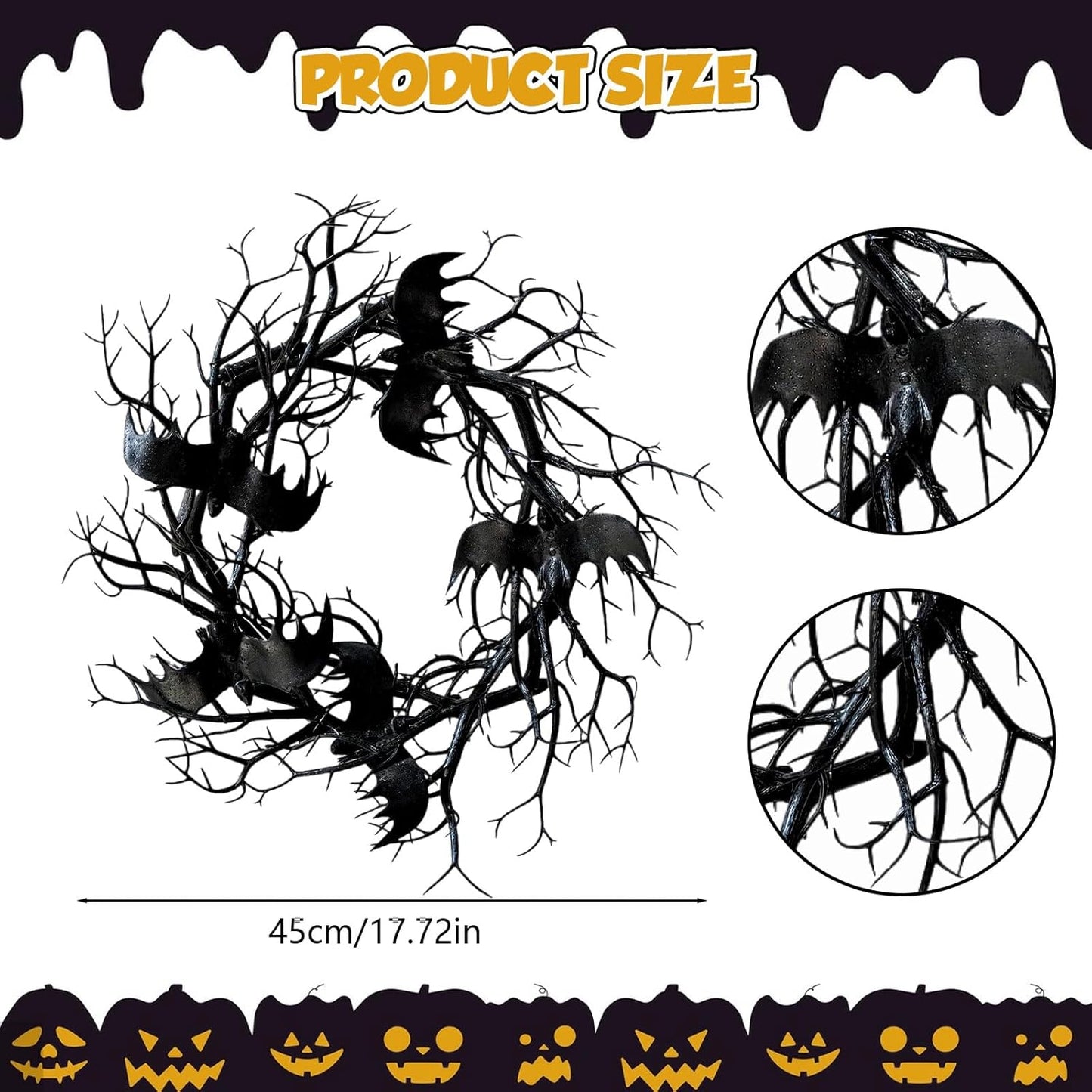 Halloween Black Branch Wreath - 18 Inch Black Twig Halloween Bat Wreaths for Indoor Outdoor Party Window Wall Decor Farmhouse Garland Yard