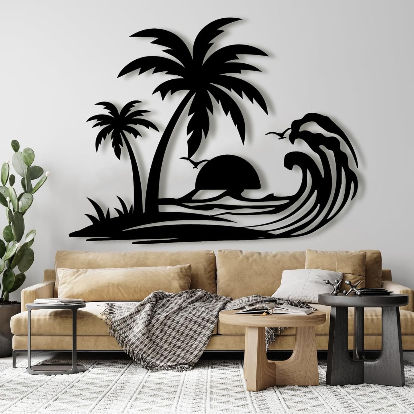 Lunwall Palm Tree Metal Wall Art, Tropical Palm Tree Wall Decor, 30 L" x 23 W" / 76 x 60 cm, Black, Vertical, Wall Mount, Indoor and Outdoor, Polished Finish