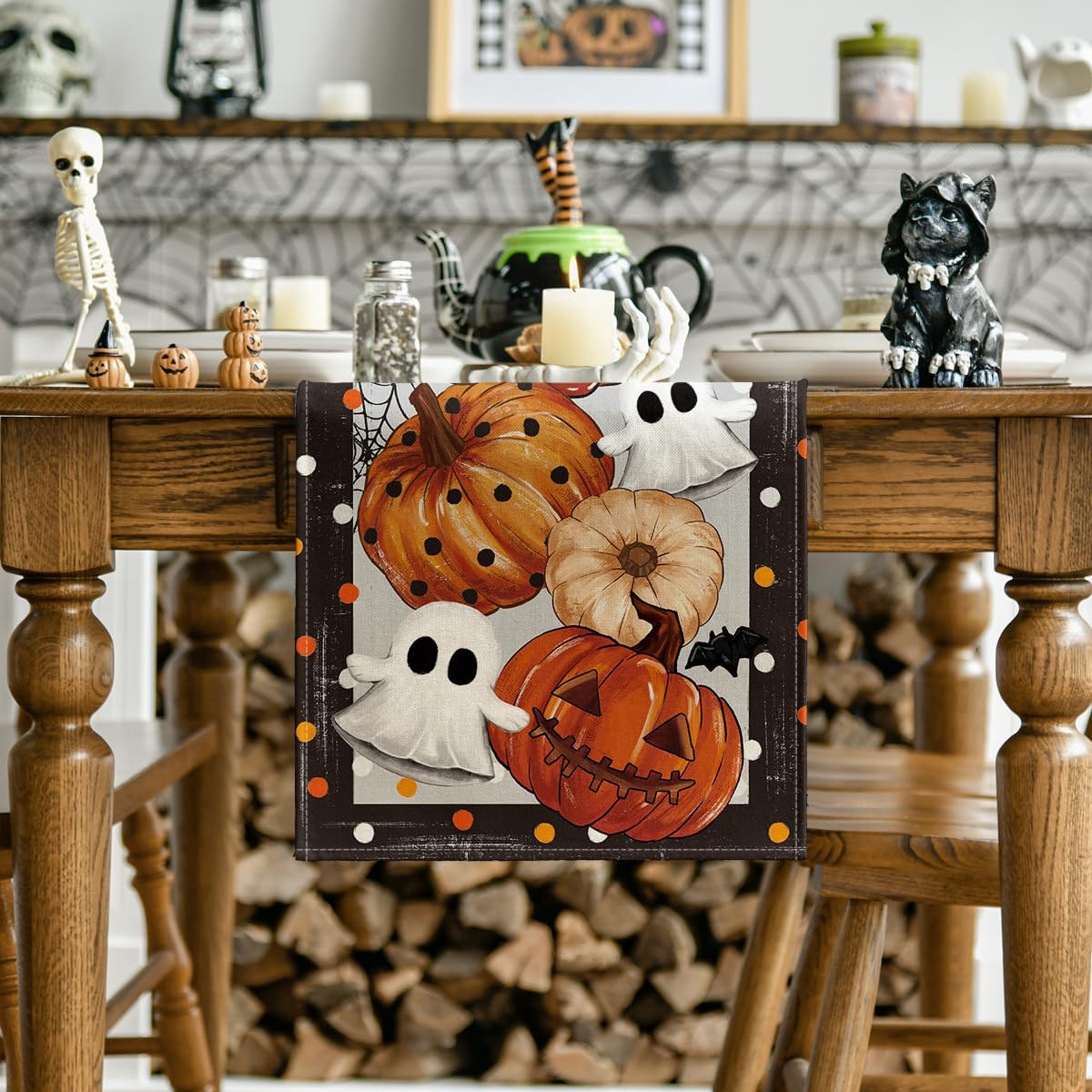 Artoid Mode Jack-O'-Lantern Pumpkin Ghost Spider Web Halloween Table Runner,Holiday Kitchen Dining Table Decoration for Home Party Decor 13 x 36 Inch
