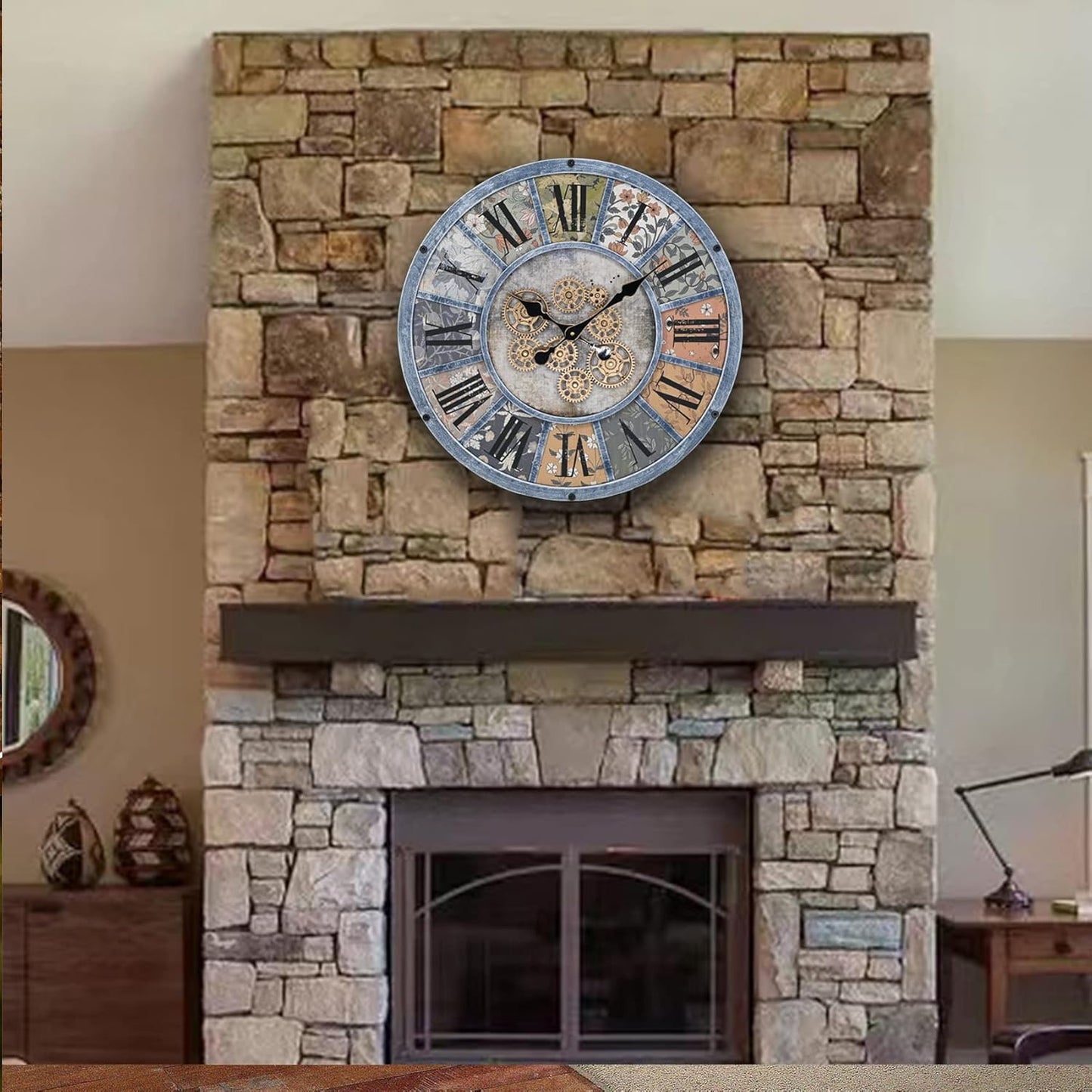 Unique Moving Gear Large Wall Clock - Battery Powered. Retro Industrial Steampunk Country Farmhouse Decor for The Living Room Kitchen Bars cafes and Offices (Blue/Metal/Round)