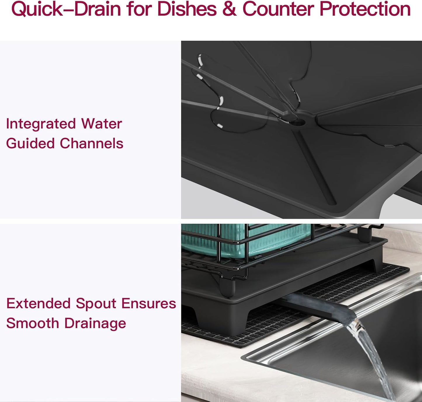 BOOSINY 2 Tier Black Large Stainless Steel Dish Drainers Drying Rack for Kitchen Counter with Drainboard, Rust Proof Metal, Space Saving, Modern Aesthetic, Compact Plates Strainers with Extra Mat