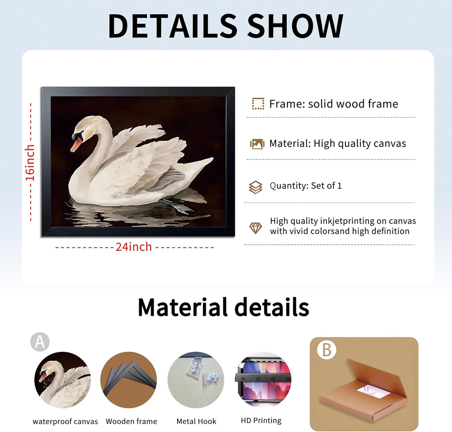 Black Wood Framed Wall Art Canvas Print Home Decor, Vintage Swan Aesthetic Wall Decor Photo, Classical Grace Swan Bathroom Prints Painting for Living Room Bedroom Office Decor 16x24 Inch