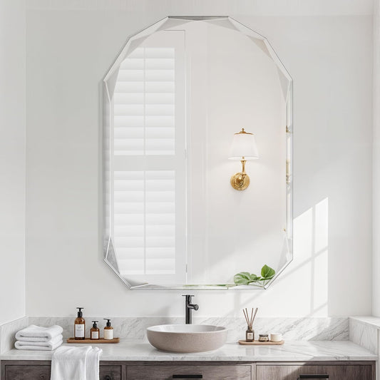 Bathroom Mirror for Wall, 26" x 38" Arched Mirror, Bathroom Vanity Mirror, Beveled Edge Frameless Wall Mount Vanity Mirrors, Wall Mirrors Decorative, Irregular Beveled Edge Mirror