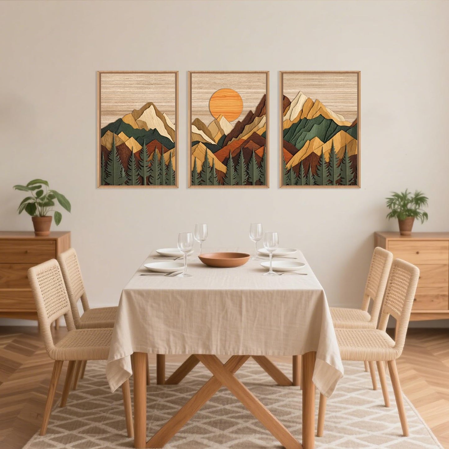 Celestdeco Woodcut Style Mountain Framed Canvas Wall Art Set, Large Brown Ridge Wall Decor, Boho Pine Tree Wall Painting, Abstract Wooden Art Print for Living Room, Bedroom, Office - 16"X24"X3 (Not-3D Effect)