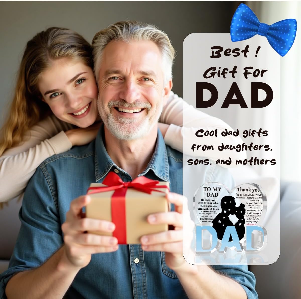 Best Dad Ever Gift from Daughter Son - Acrylic Heart-Shaped Plaque Father’s Day Birthday Gift - Unique Keepsake Desk Decor with Personalized Message