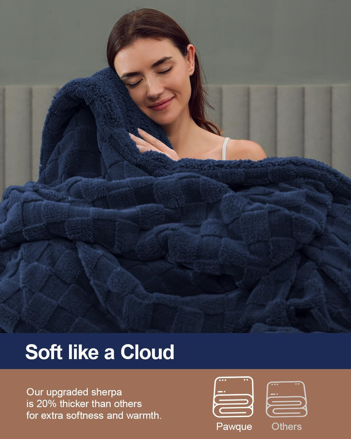 Pawque Super Soft Cozy Throw Blanket for Couch Bed - Fluffy Sherpa Fleece Reversible Thick Warm Fuzzy Blanket for All-Season, 3D Checkered Jacquard Elegant Decorative Blankets, Navy Blue, 50" x 60"