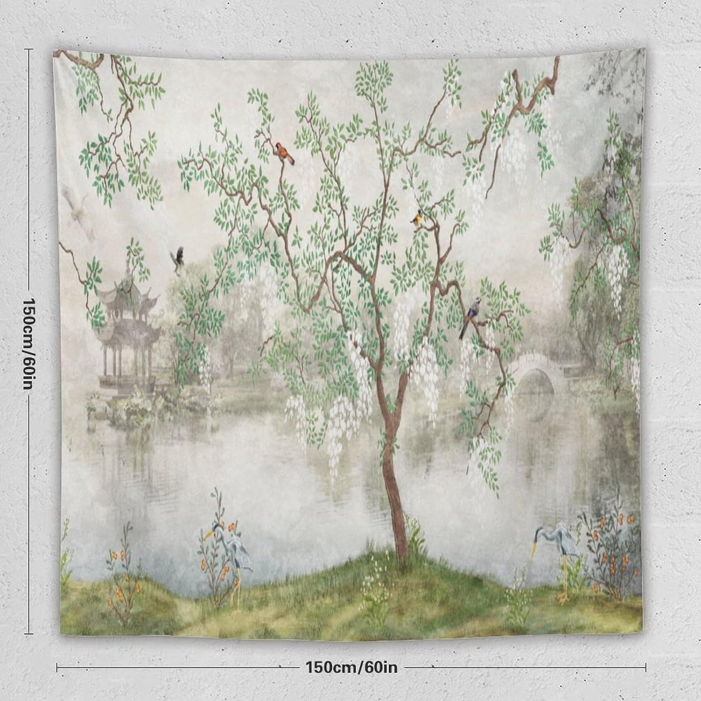 HZOHNAGO Japanese Tapestry Tree Misty Garden Lake Printed Wall Tapestry Ink Painting Wall Hanging for Bedroom Living Room Dorm 60" W x 60" H