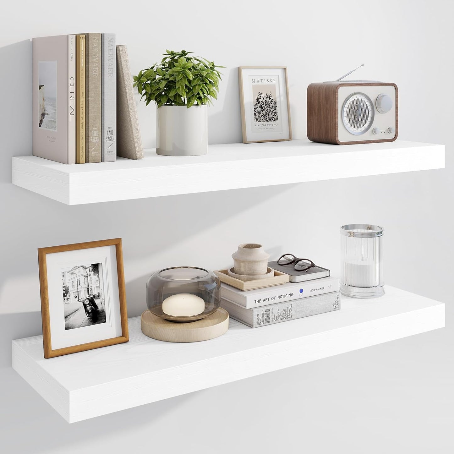 Marsmiles 30" Floating Shelves for Wall, Wooden Shelves with Invisible Brackets Set of 2, Rustic Farmhouse Wall Mounted Shelf for Kitchen Bathroom Living Room Study, White