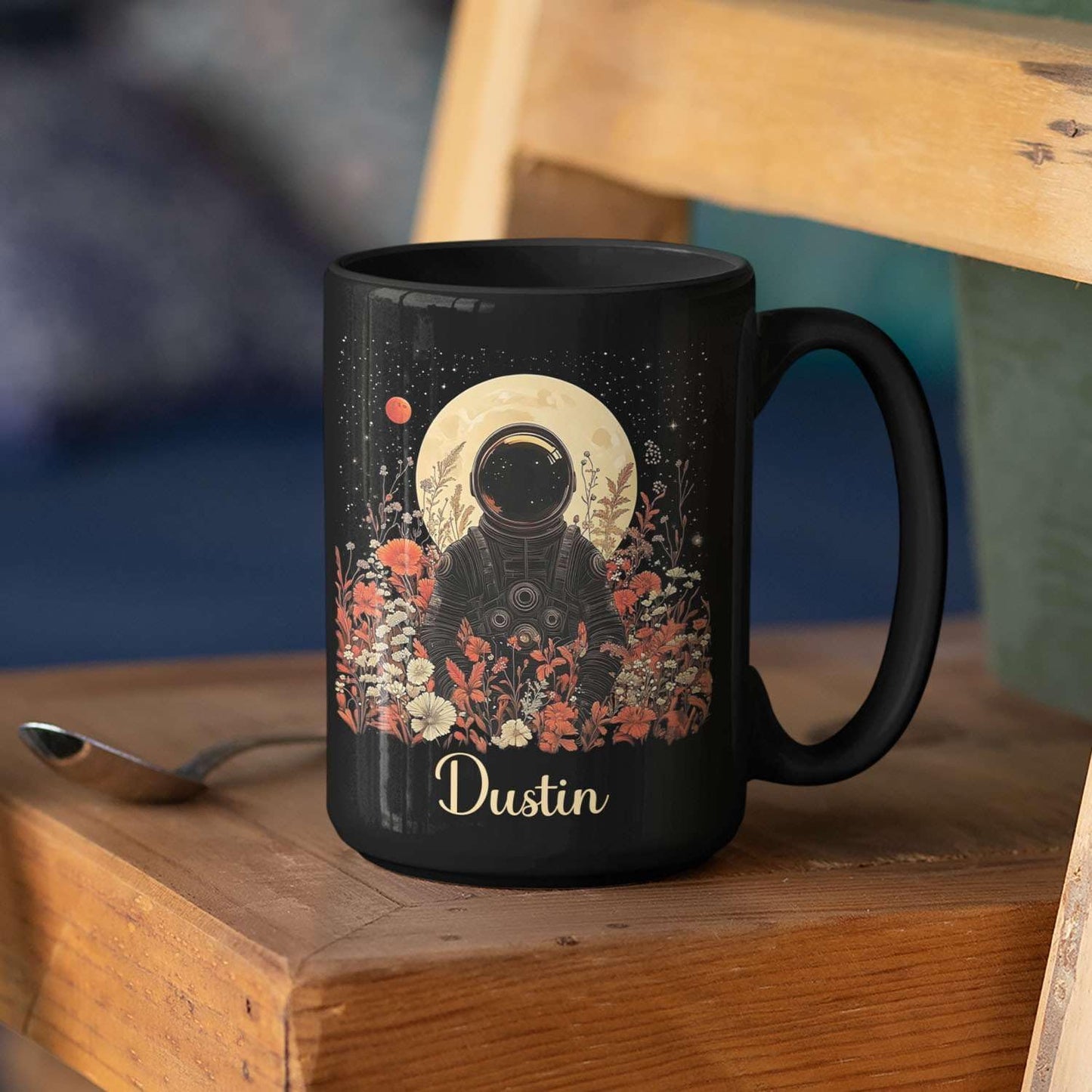 Astronaut with Moon and Wildflowers Coffee Mug, Custom Name Ceramic Cup 11oz 15oz, Unique Astronaut Coffee Cup for Friends, Personalized Astronomy Black Mug, Gifts for Birthday