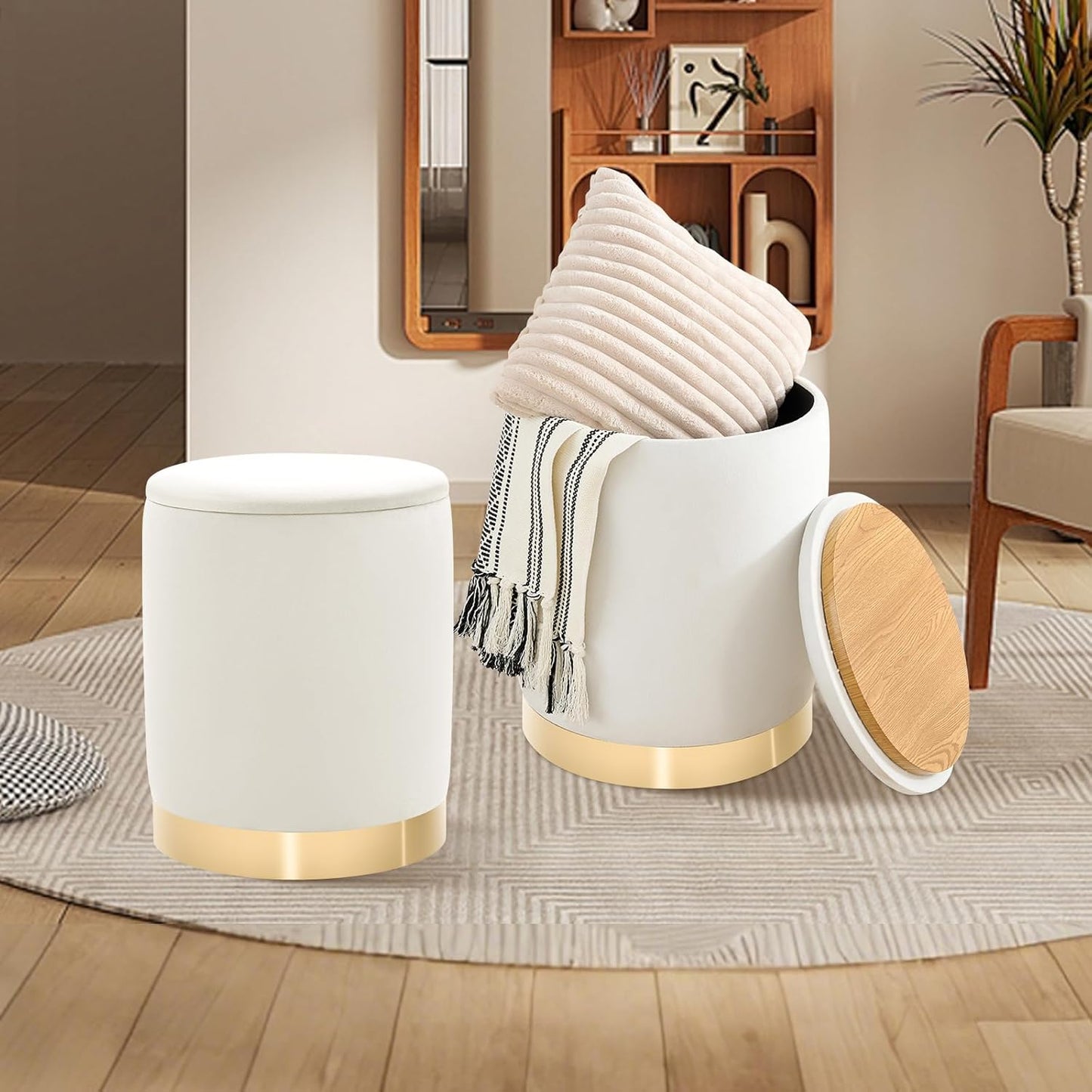Round Ottoman with Storage Set of 2, Upholstered Velvet Storage Ottomans, Vanity Stool, Multifunctional Ottomans, Coffee Table Foot Rest Ottoman for Living Room Bedroom, White